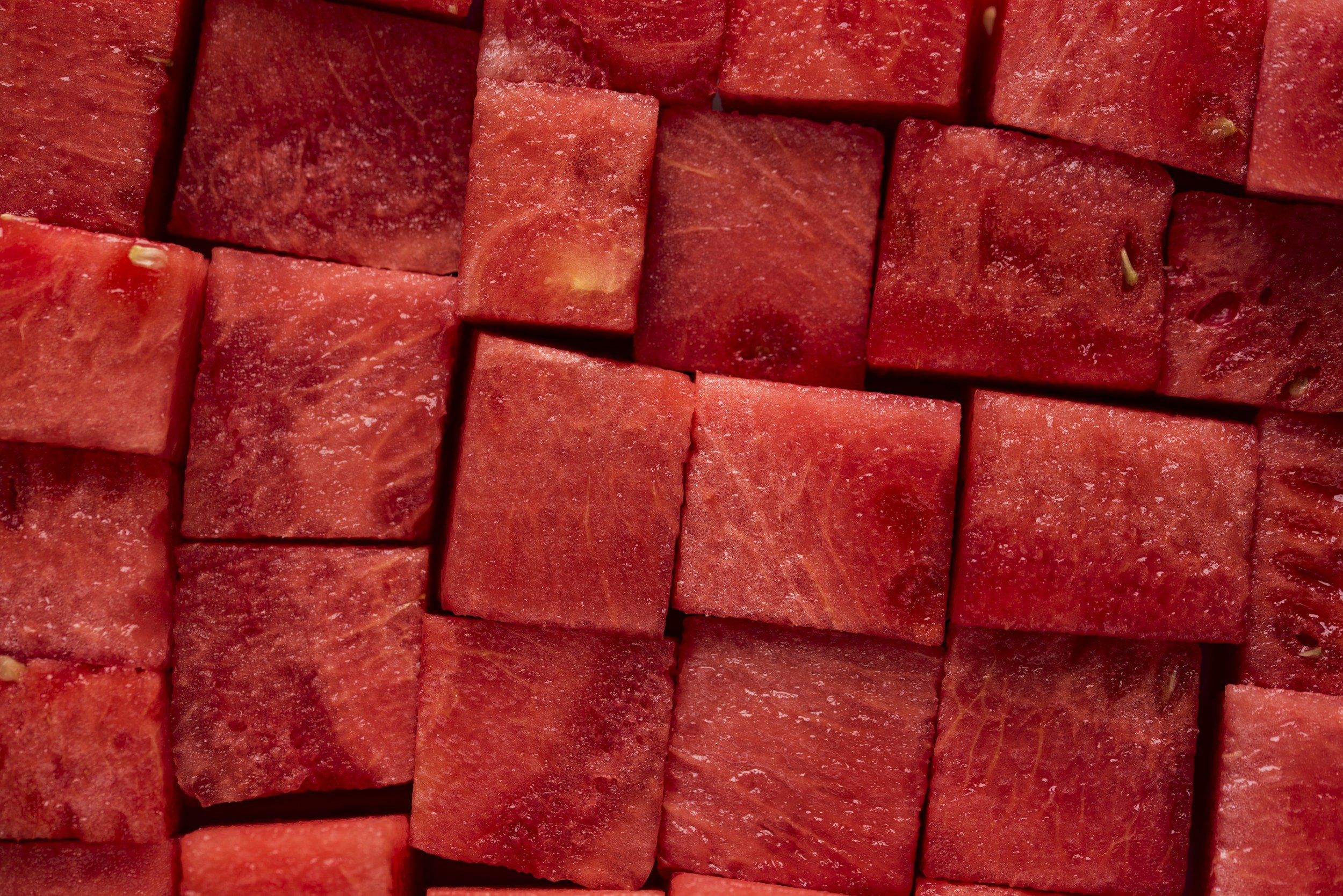 Close-up of cubed watermelon slices.