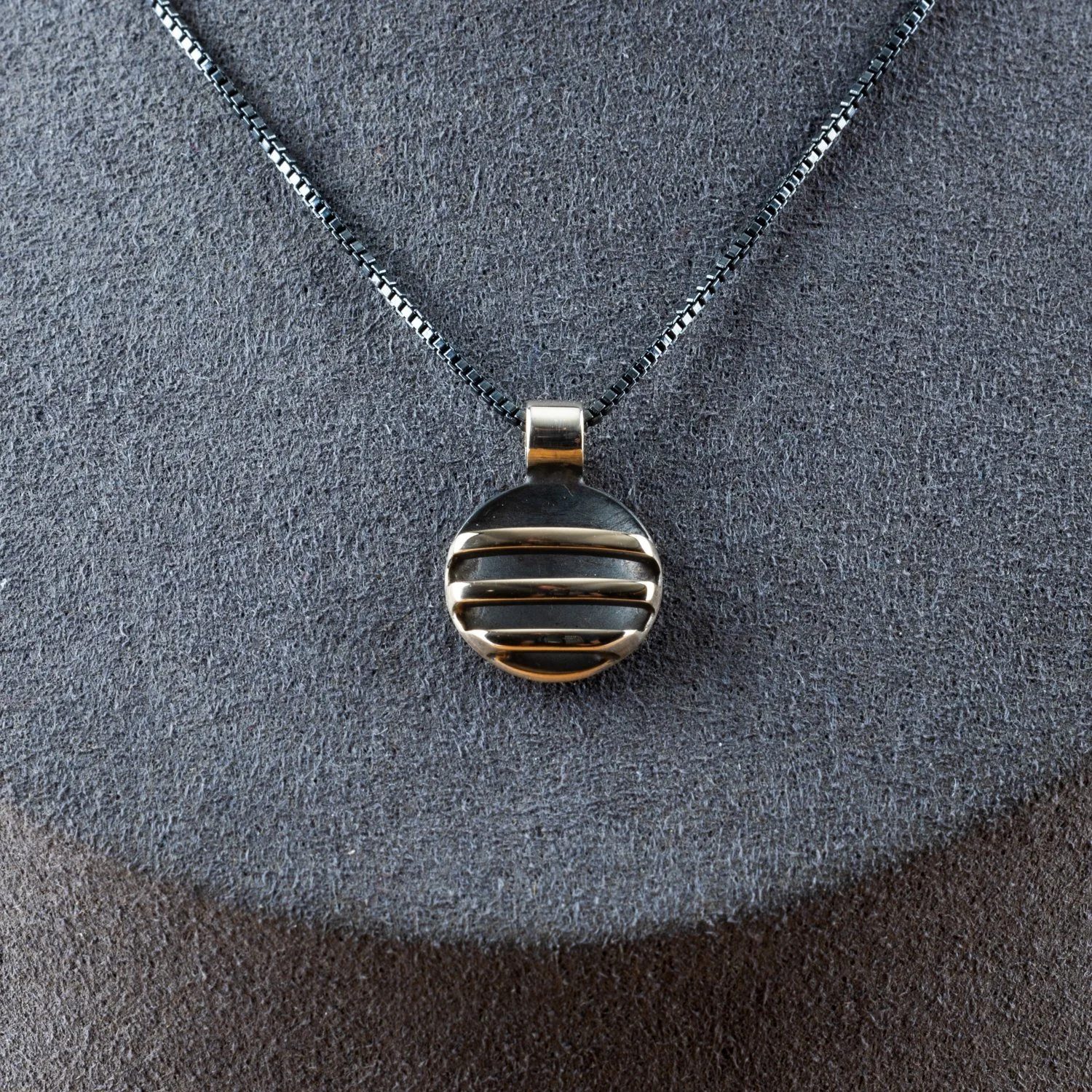 Three Line Mini Round Pendant Sterling Silver 18 oxidized chain by Theresa Carson closeup.jpg