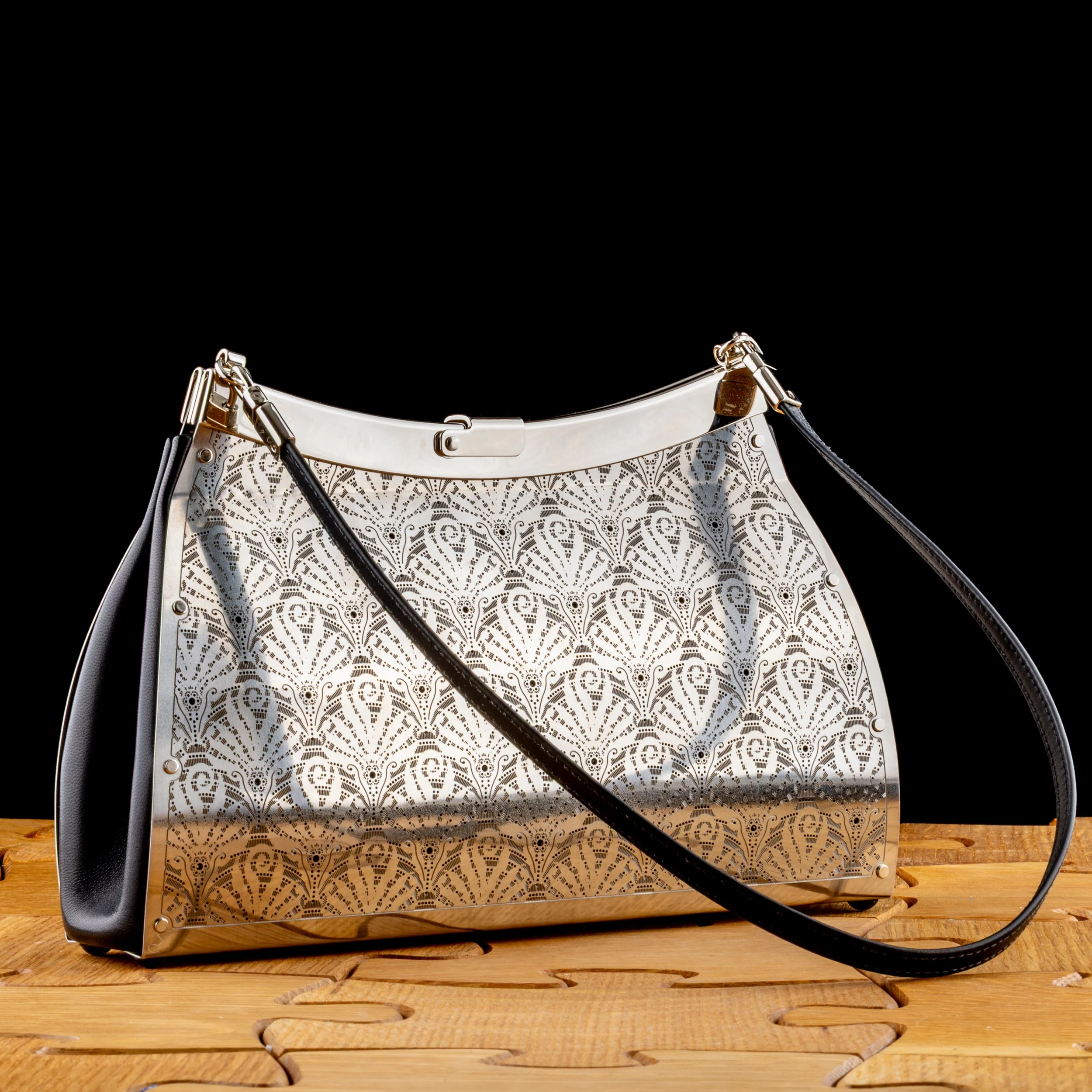 Fiddlehead Fern Black Leather & Steel Bag by Wendy Stevens