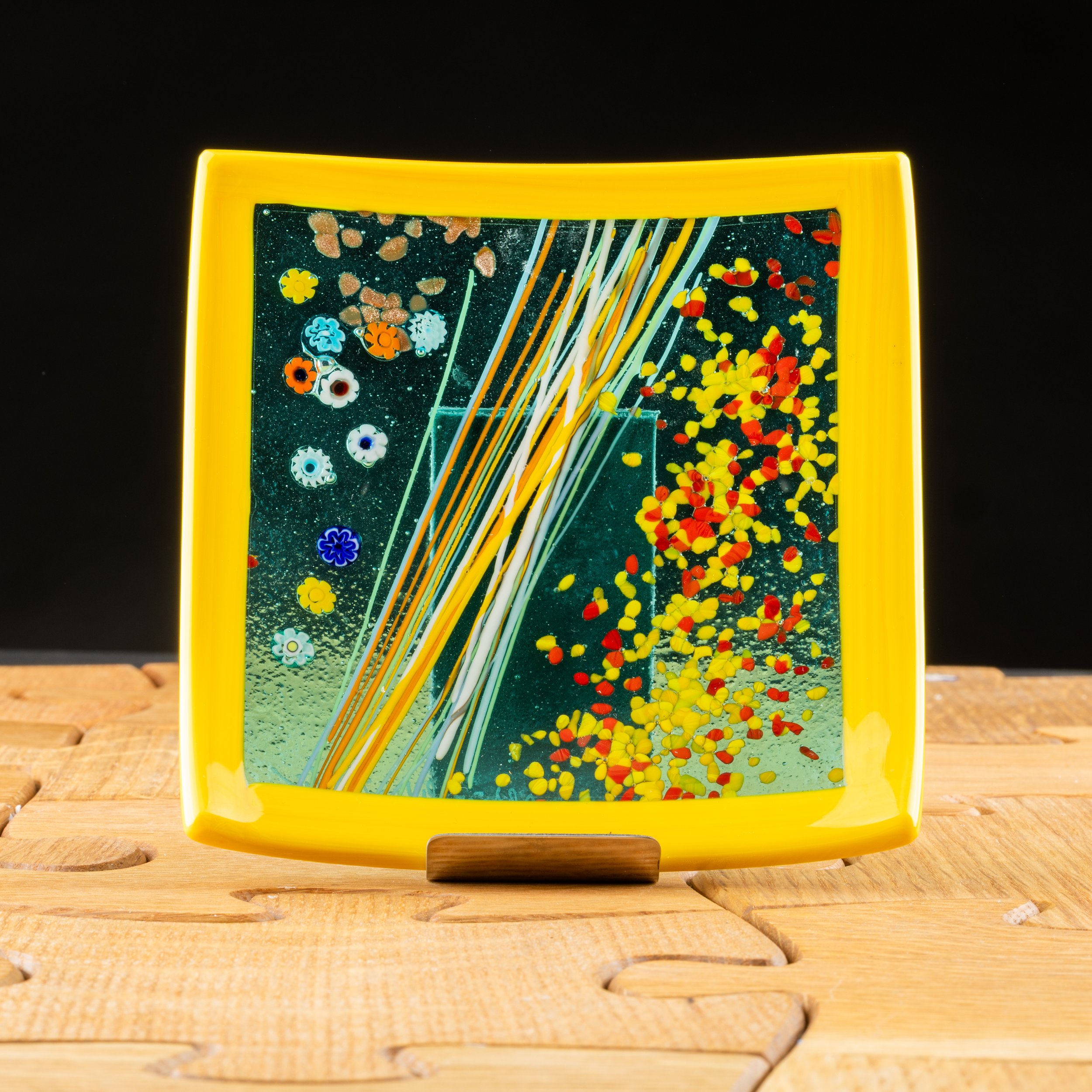Small Yellow Abstract Square Dish by Alfier Glass Studio