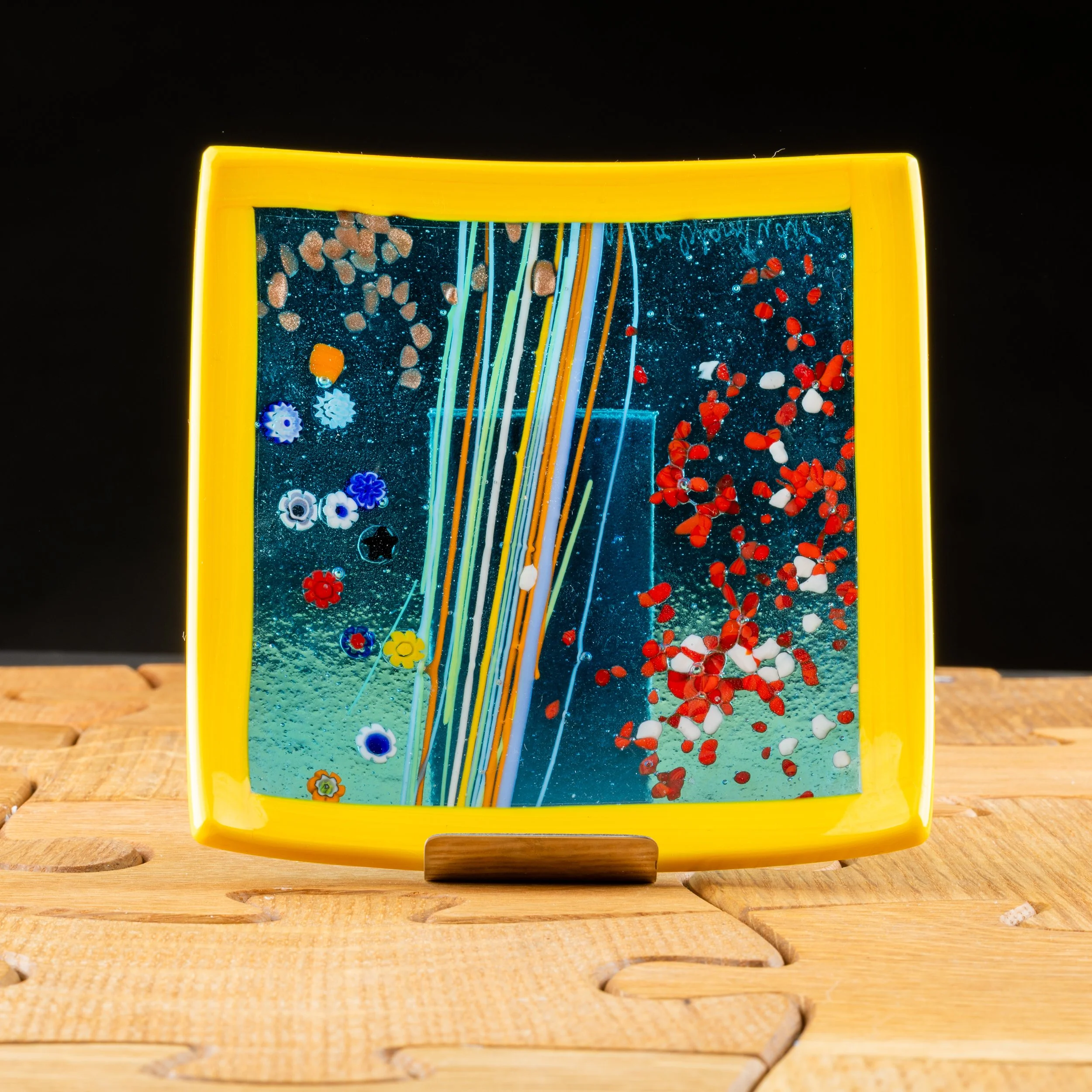 Small Yellow Abstract Square Dish by Alfier Glass Studio