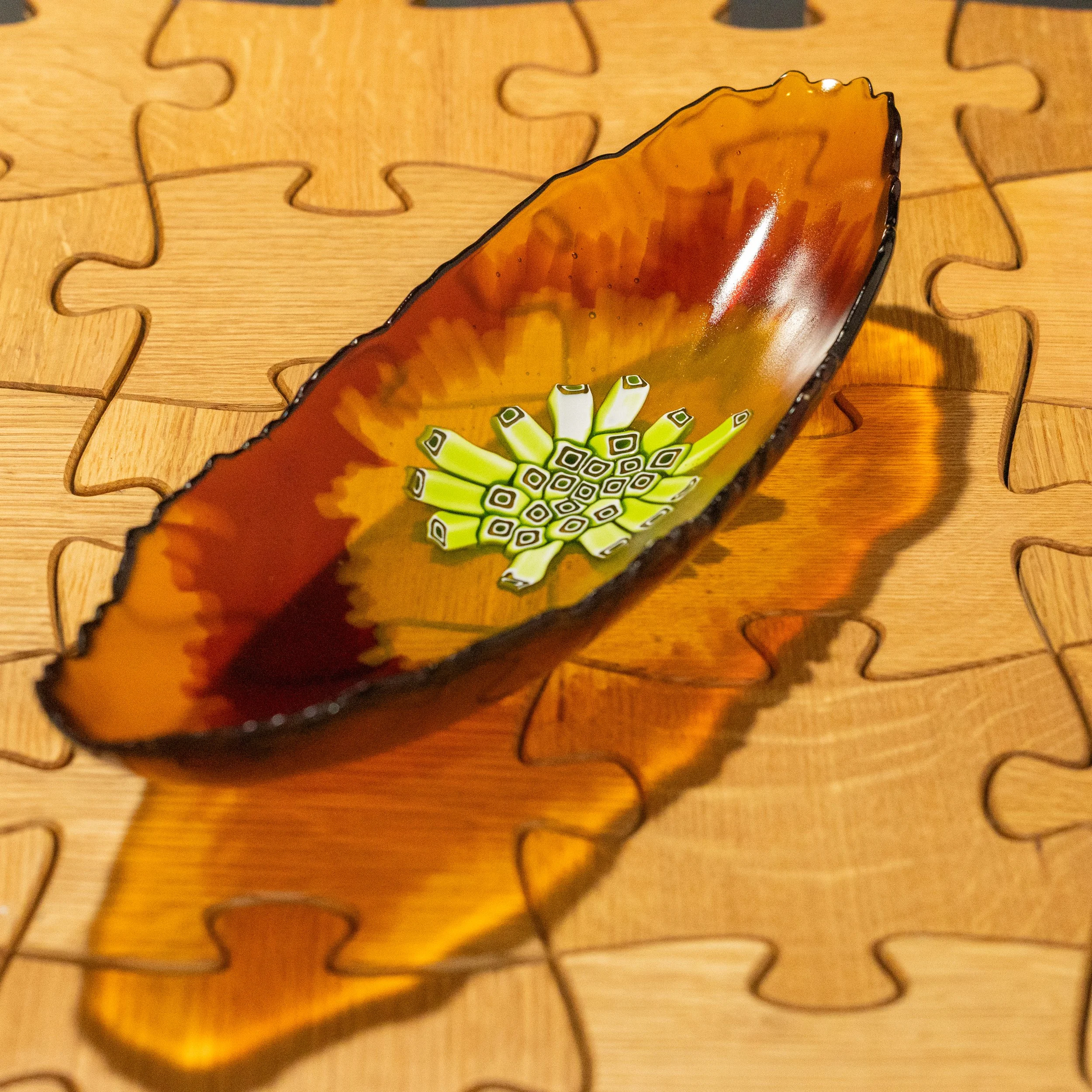 Flower Murano Canoe in Gold, Chocolate and Lime by Alfier Glass Studio