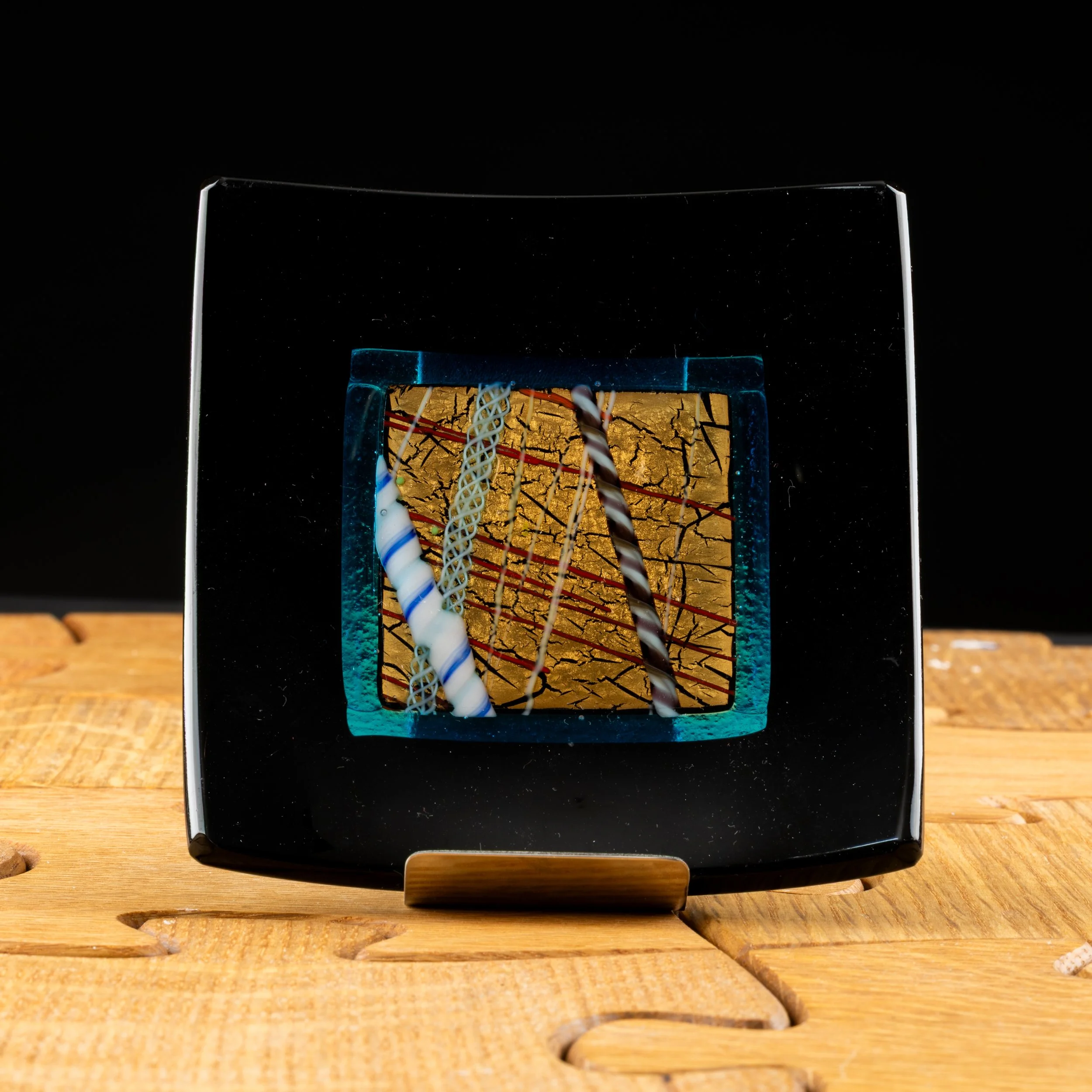 Gold Leaf and Black Square Dish by Alfier Glass Studio