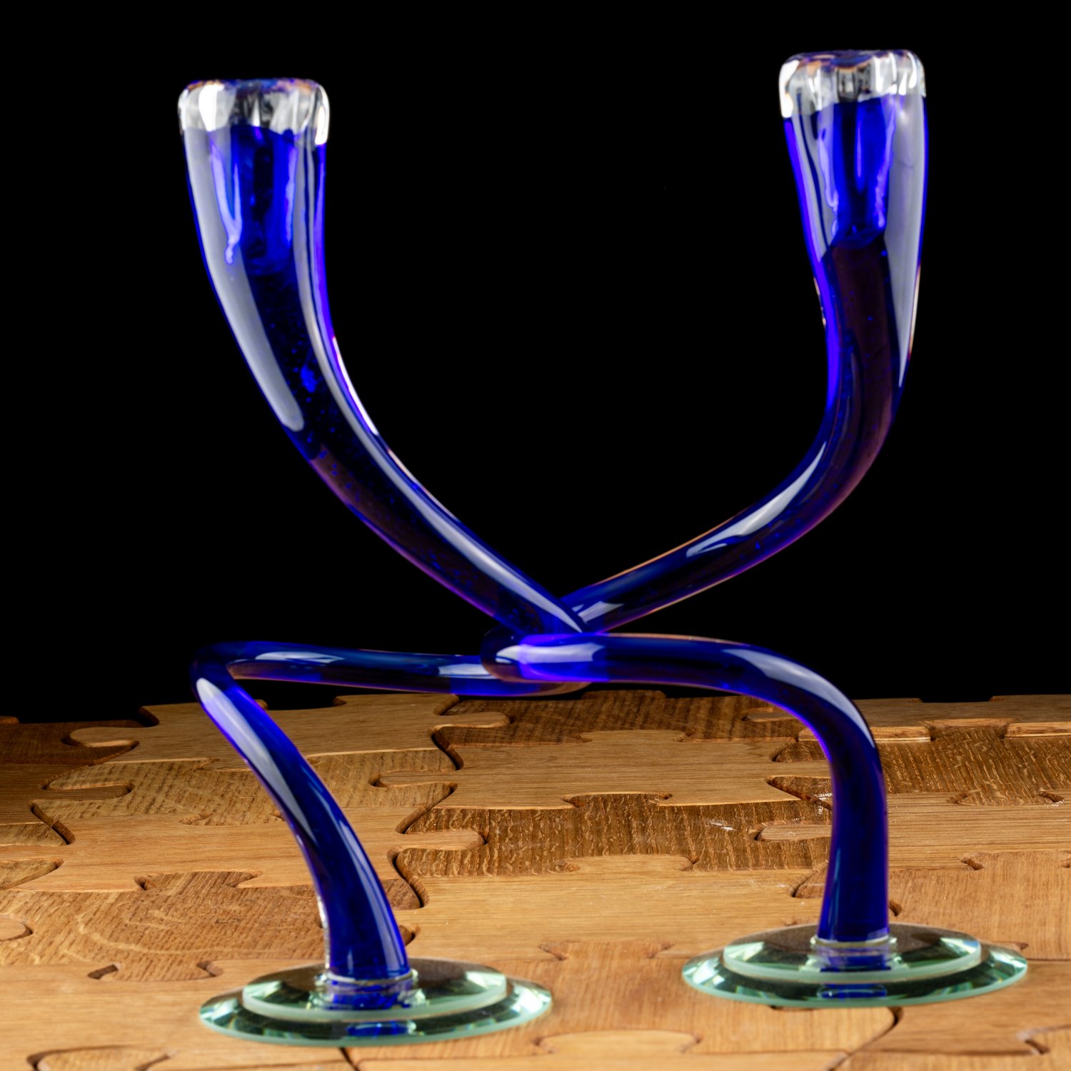 Royal Blue Twisted Candlesticks by Hudson Glass
