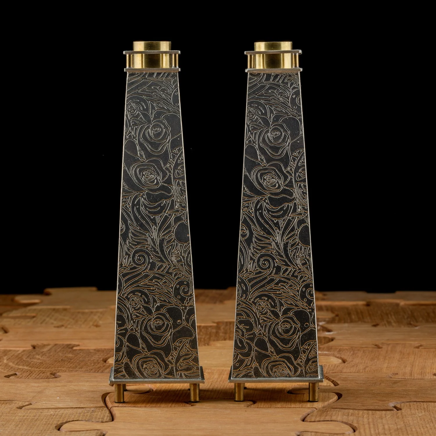 Tall Tapered Rose Design Candle Holders by Joy Stember
