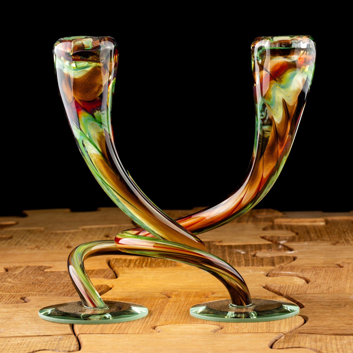 Green and Brown Swirl Twisted Candlesticks by Hudson Glass