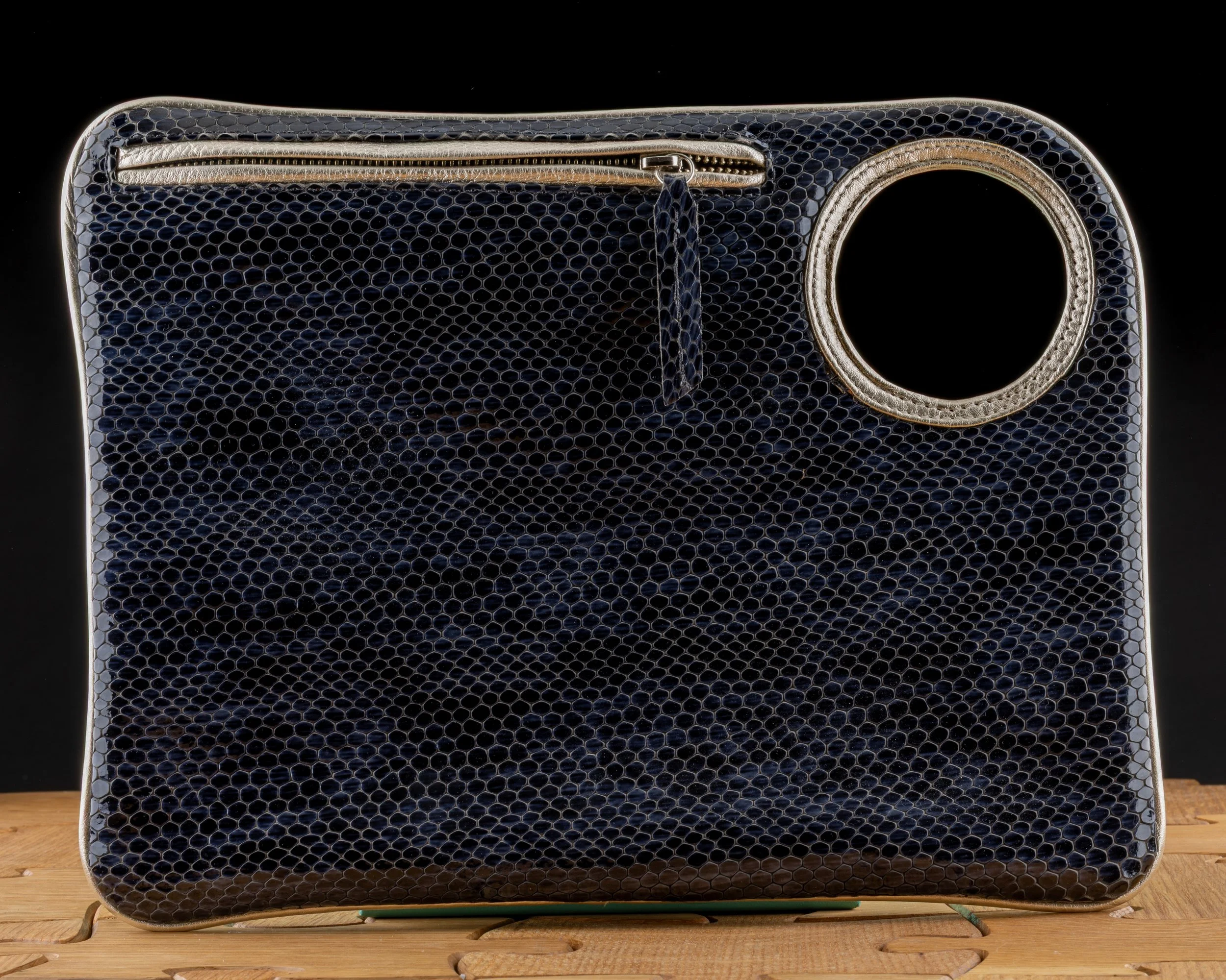 Navy Blue Snakeskin Print Handsfree Bracelet Clutch by Arza Designs