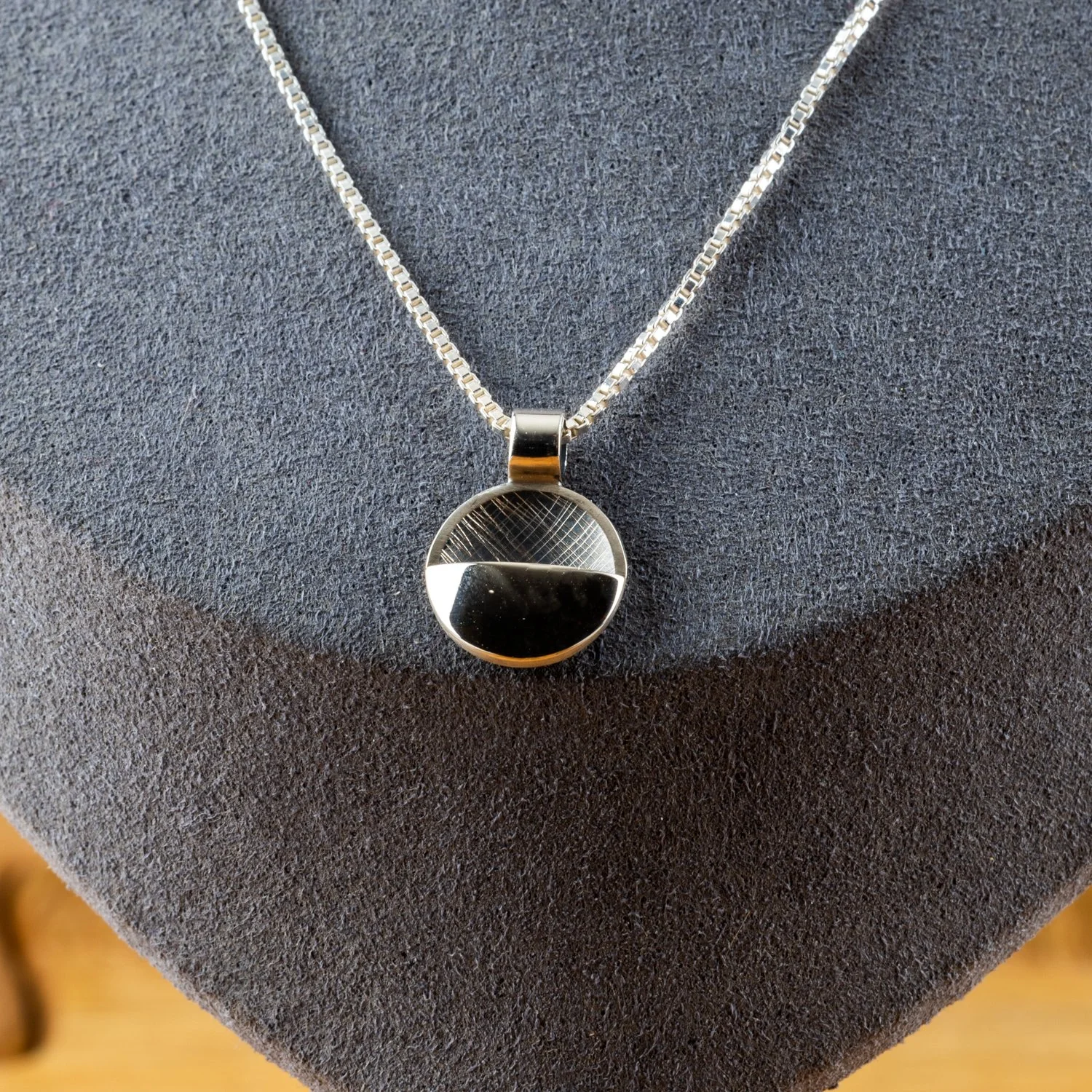 Horizontal Pita Round Pendant Sterling Silver 18 inch bright SS chain by Theresa Carson closeup.jpg