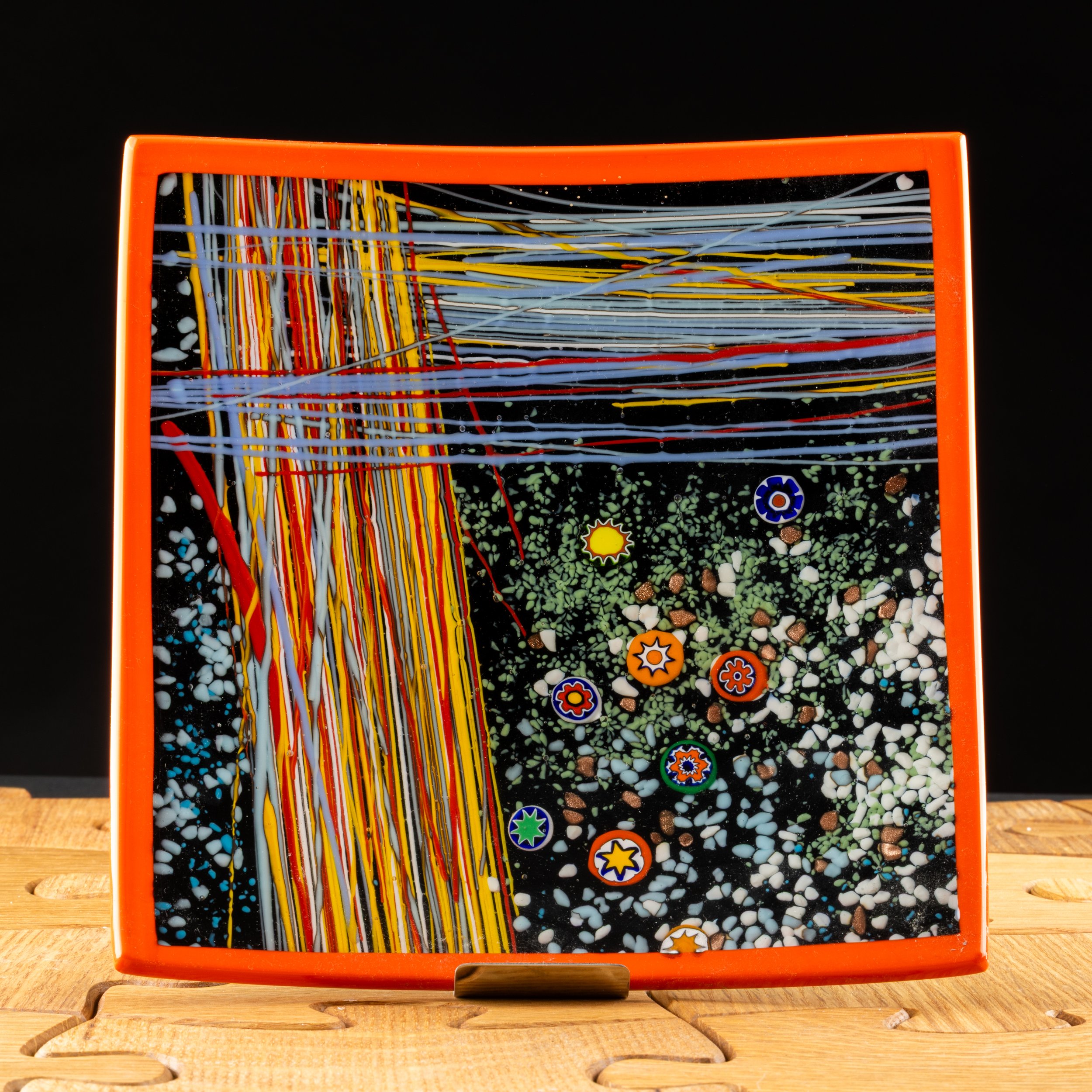 Vibrant Abstract Design Square Plate by Alfier Glass Studio