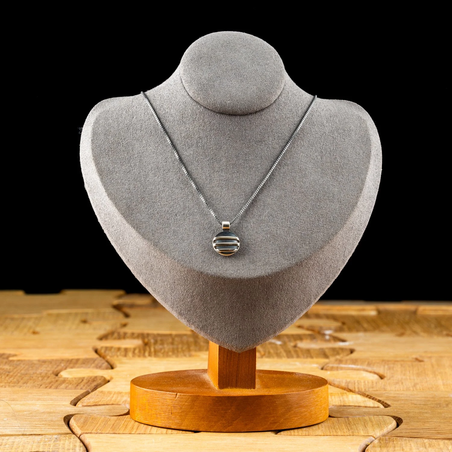 Three Line Mini Round Pendant Sterling Silver 18 oxidized chain by Theresa Carson
