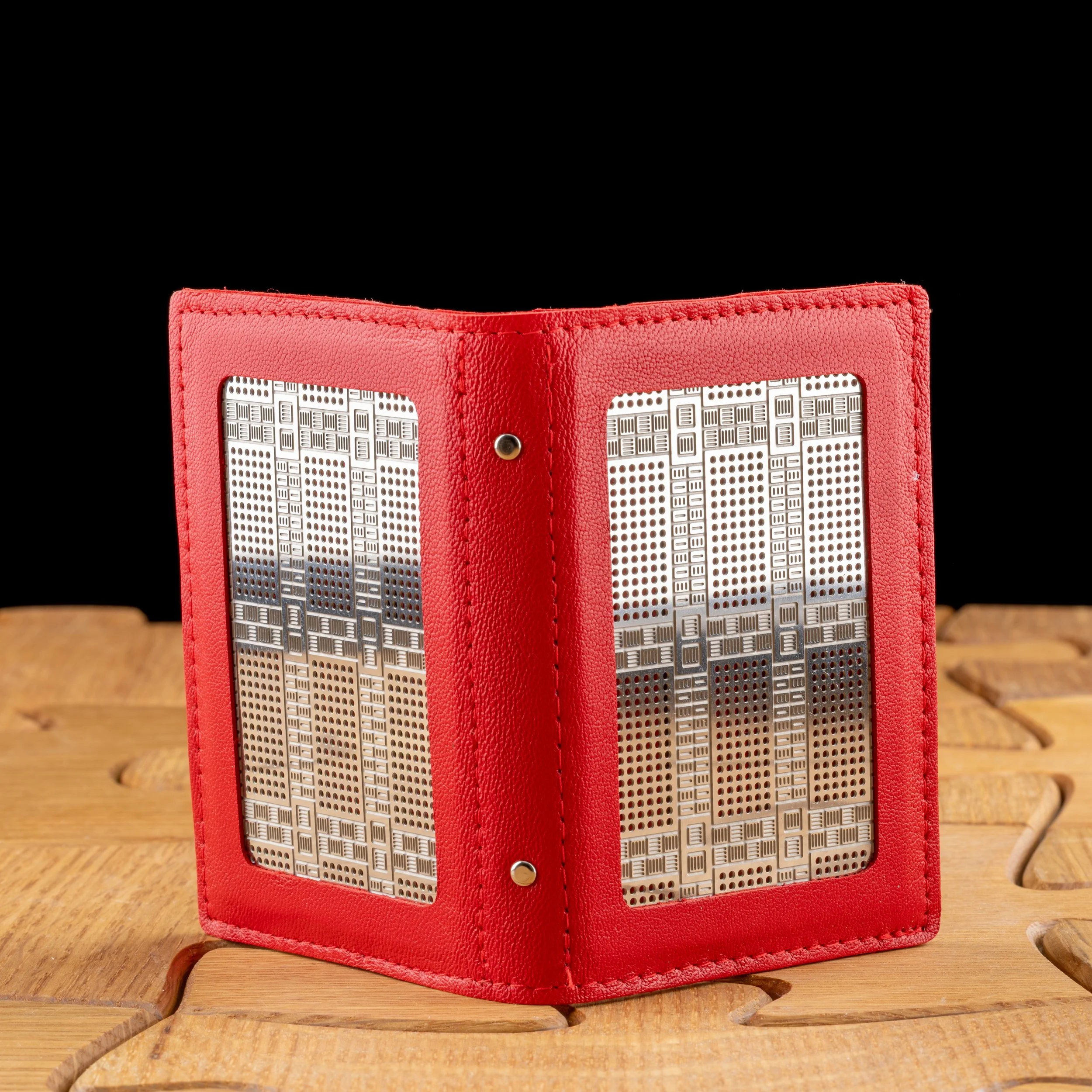 Red Grid Card Holder Leather and Stainless Steel by Wendy Stevens.jpg.jpg