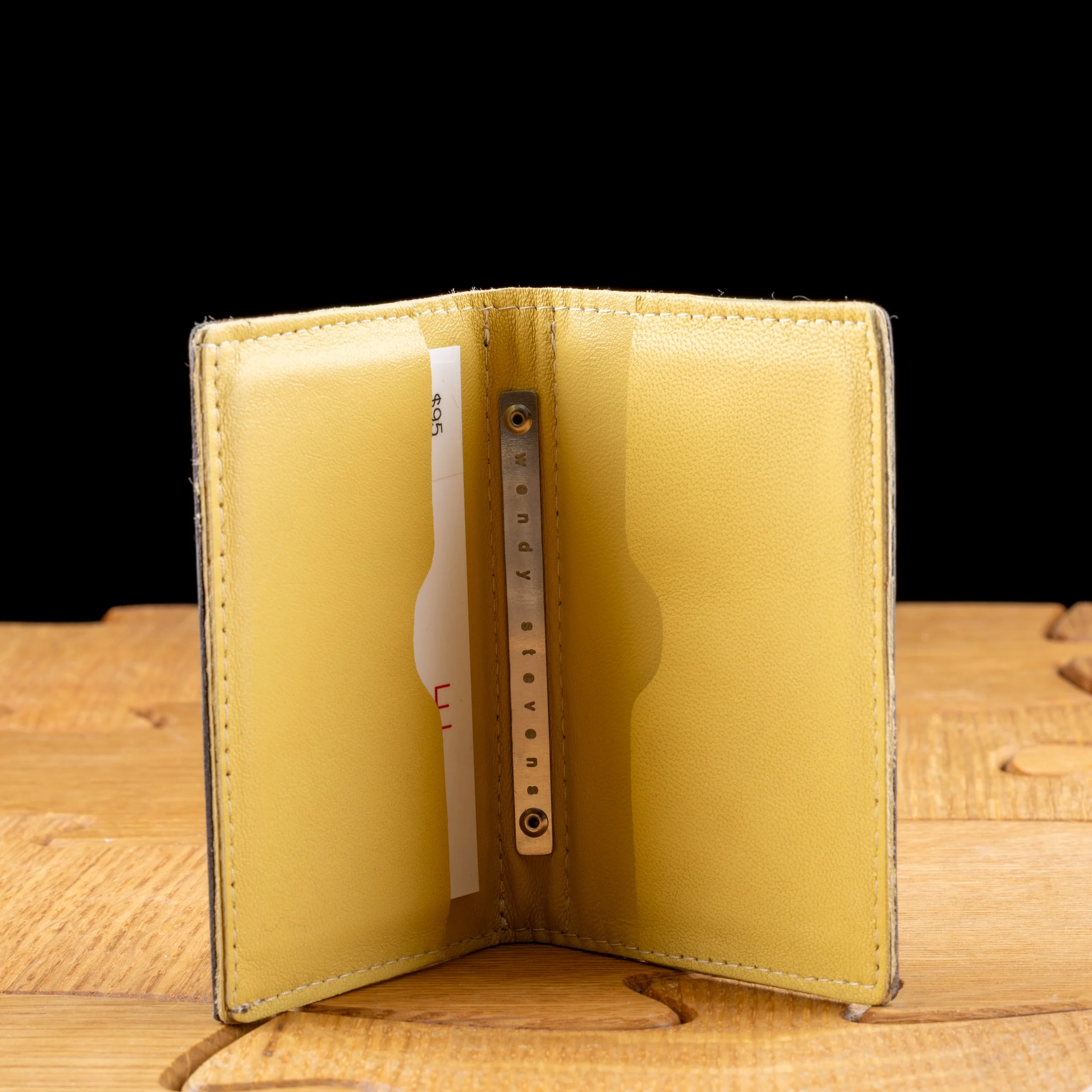 Grey and Yellow Dot Squares Card Holder Leather and Stainless Steel by Wendy Stevens-1.jpg