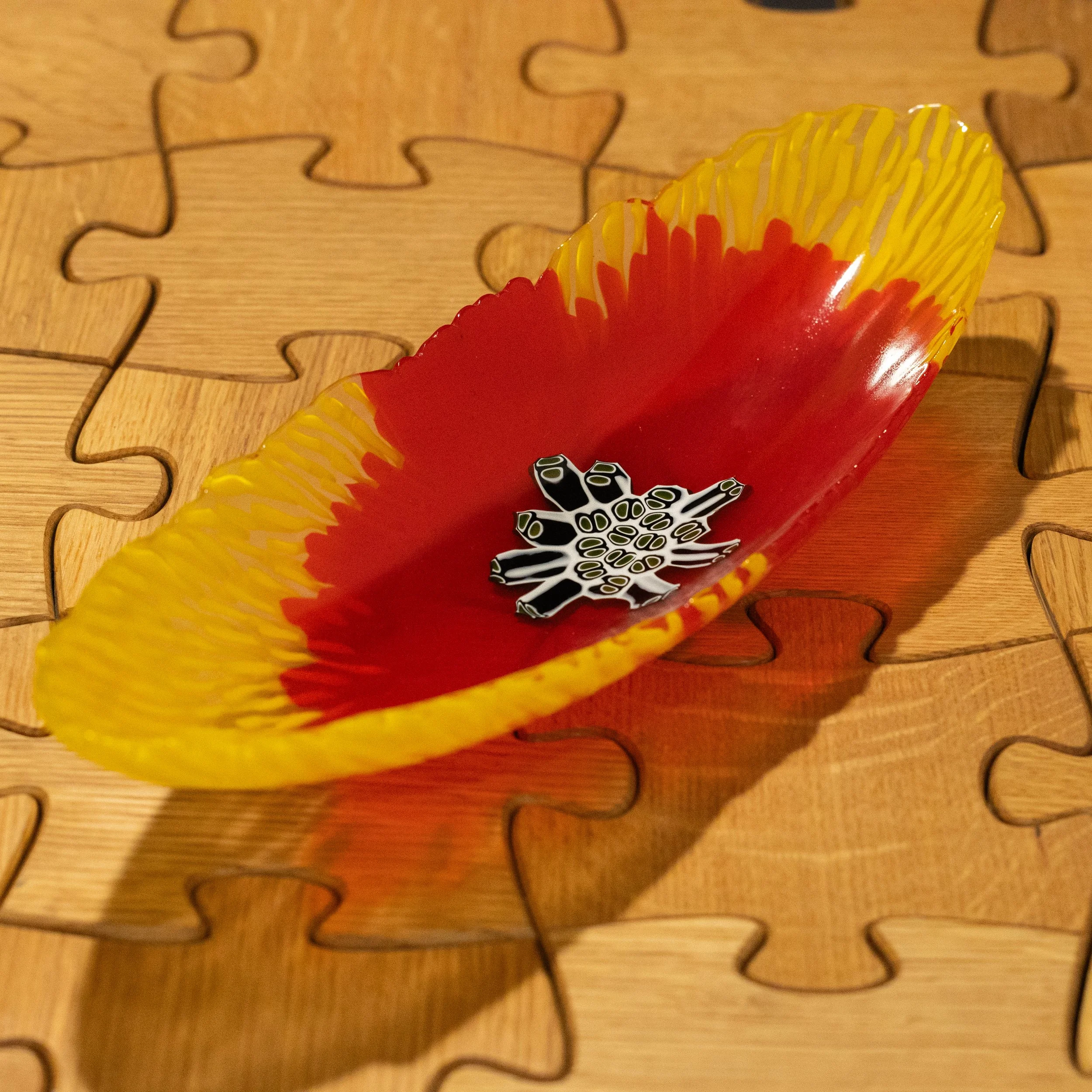 Sunburst Murano Canoe in Yellow, Crimson, and Black by Alfier Glass Studio