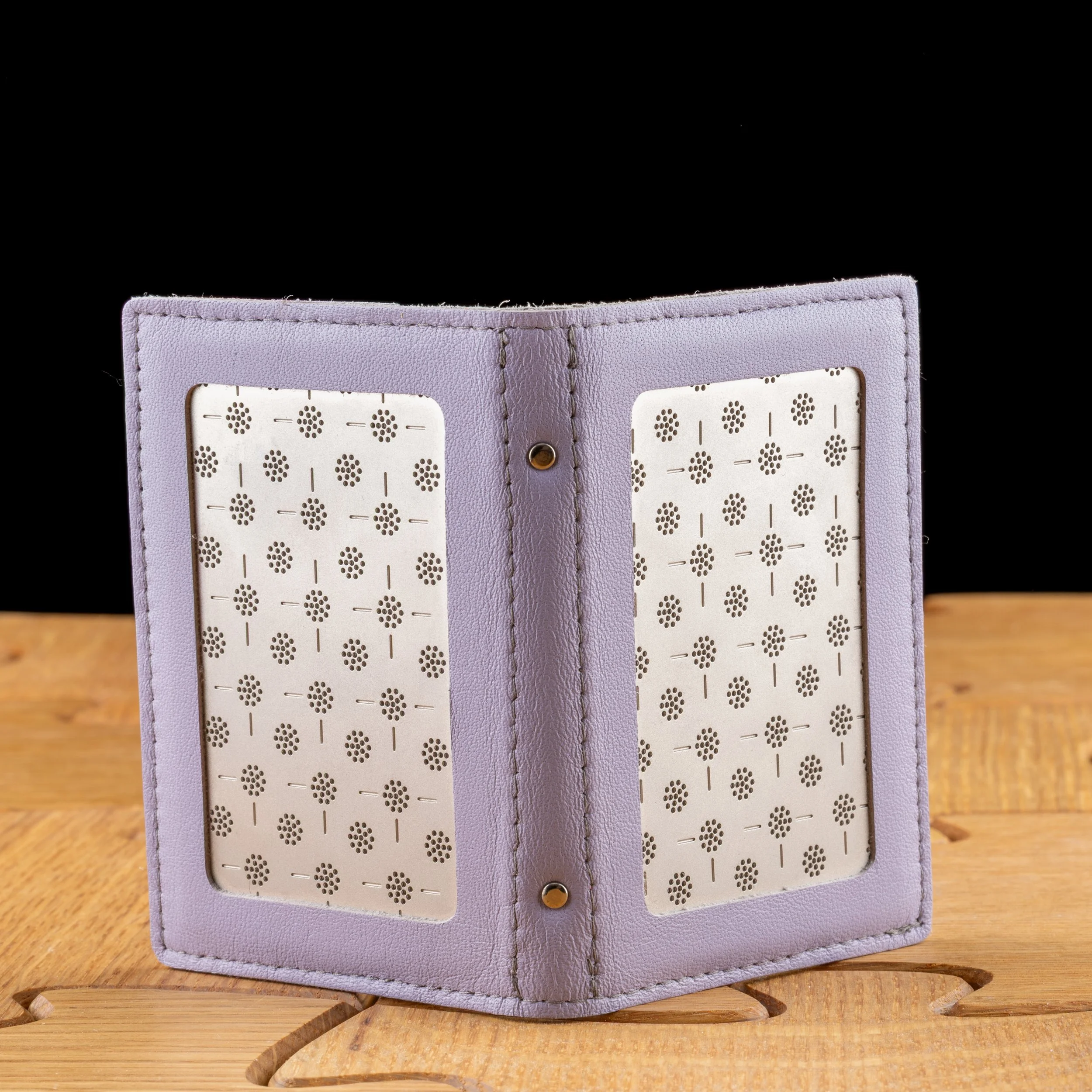 Lavendar with Flowers Card Holder Leather and Stainless Steel by Wendy Stevens.jpg