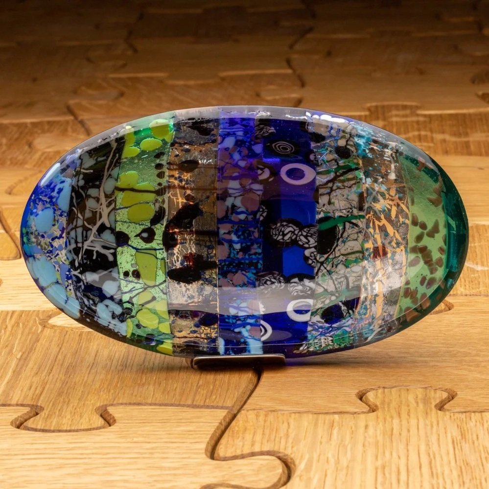 Blue Damasco Murano Glass Oval Dish by Alfier Glass Studio