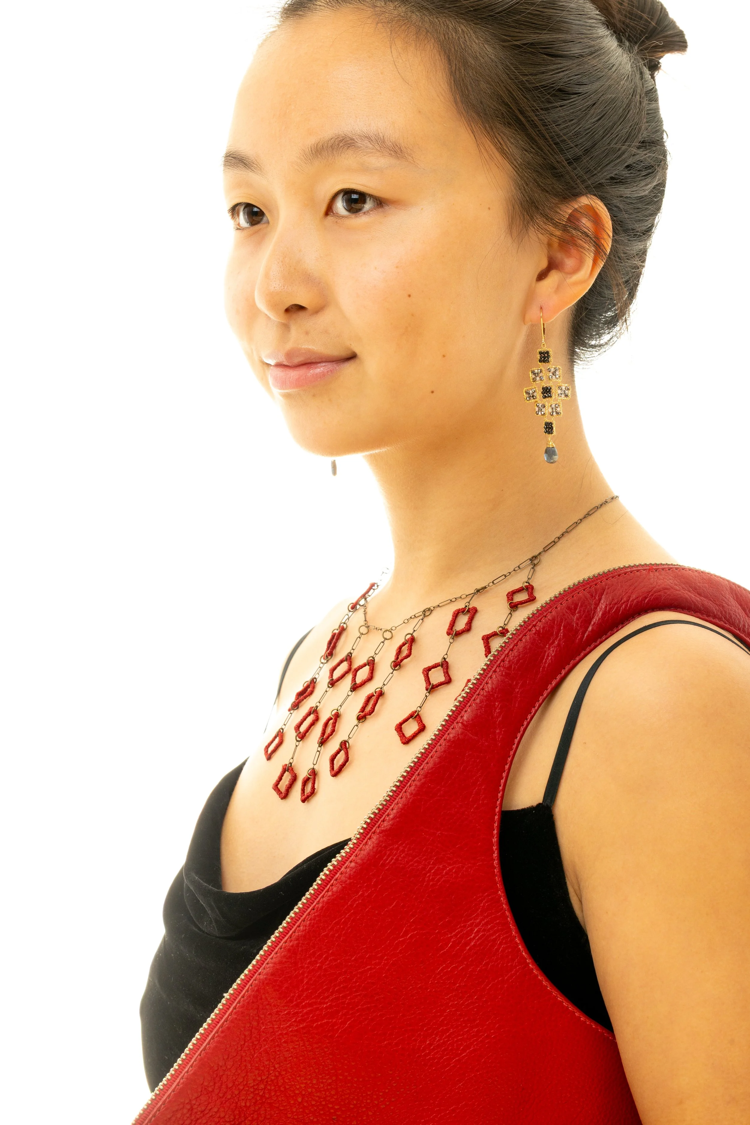 Italian Diamonds Deep Red Waterfall Necklace by Paz Sintes and Gold Filled Black Spinel, Pyrite and Labradorite Earrings by Michelle Pressler.jpg