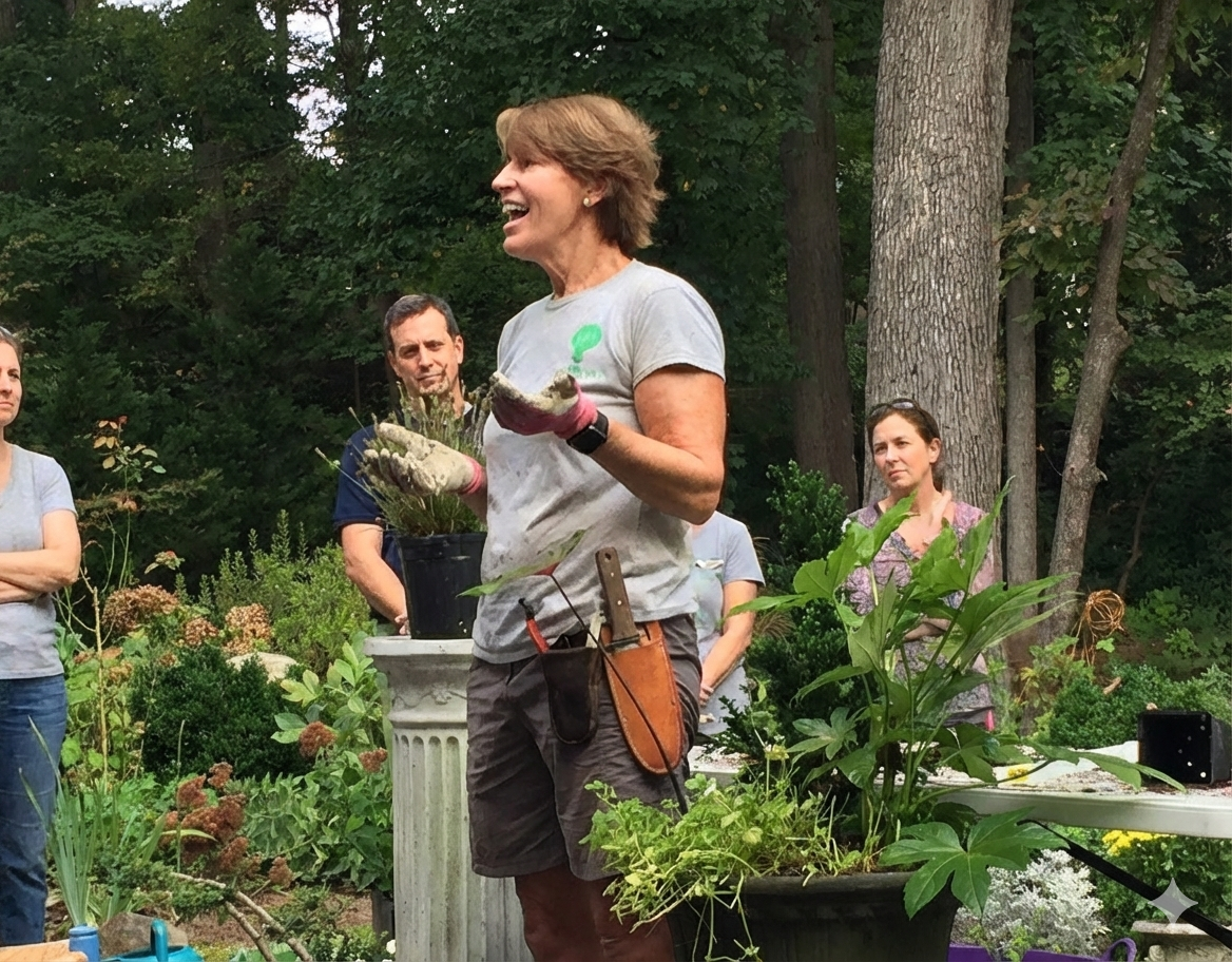 A woman giving a presentation about gardening outdoors with several people listening, surrounded by plants and trees.