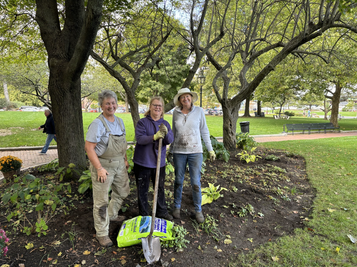 Three women planting flowers in a park garden, smiling and standing next to a large tree with green leaves, with gardening tools and soil in the foreground.