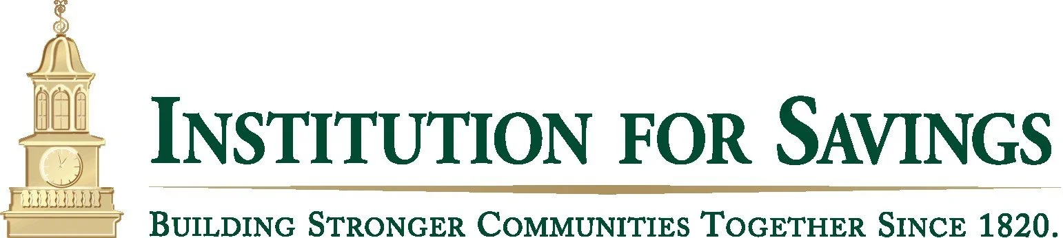 Logo of the Institution for Savings featuring a clock tower and the tagline "Building Stronger Communities Together Since 1820."