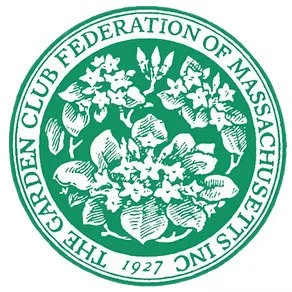 Seal of The Garden Club Federation of Massachusetts Inc., featuring floral elements and text around the border.