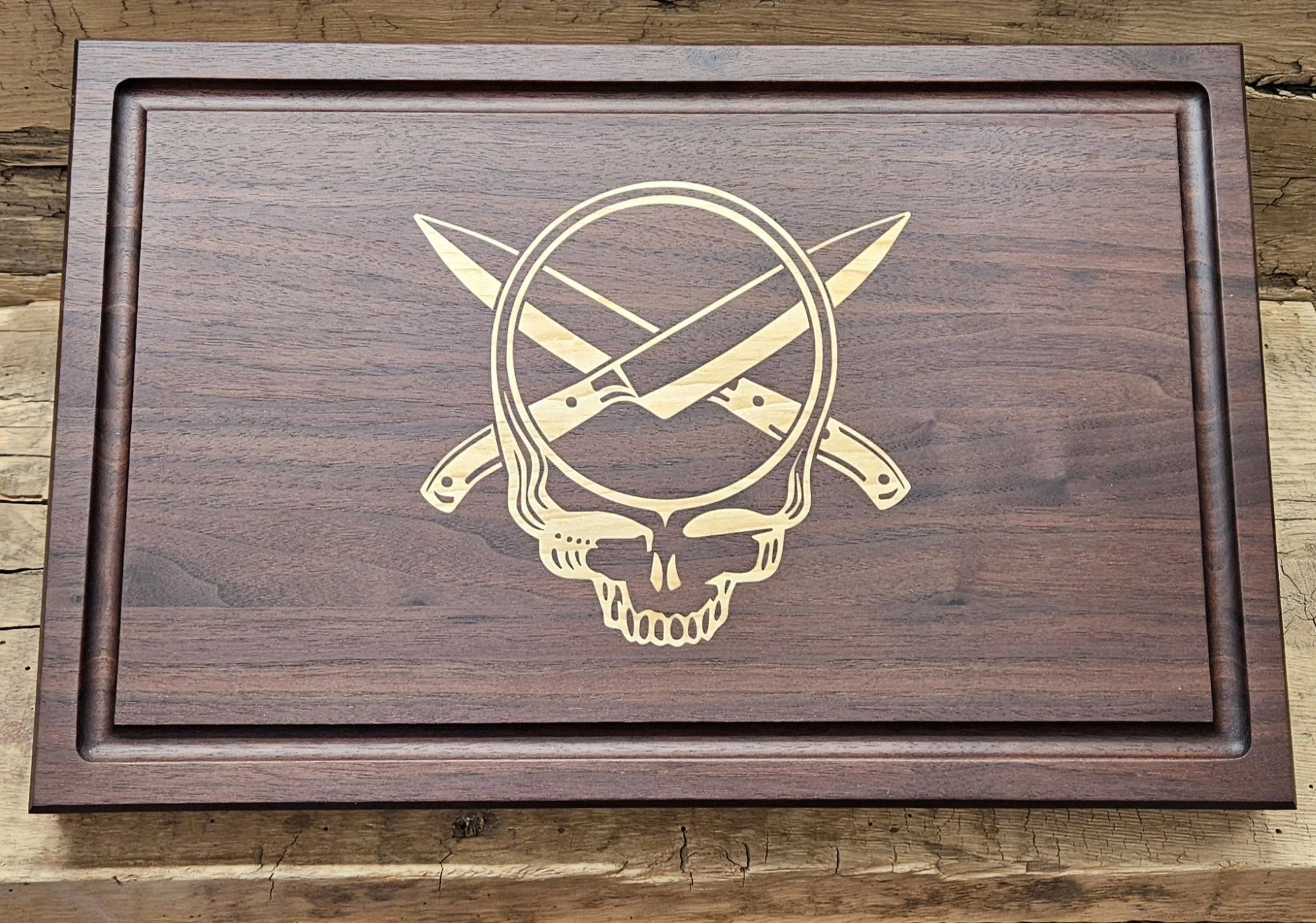 Grateful Dead inspired wood inlayed cutting board made from walnut and maple woods