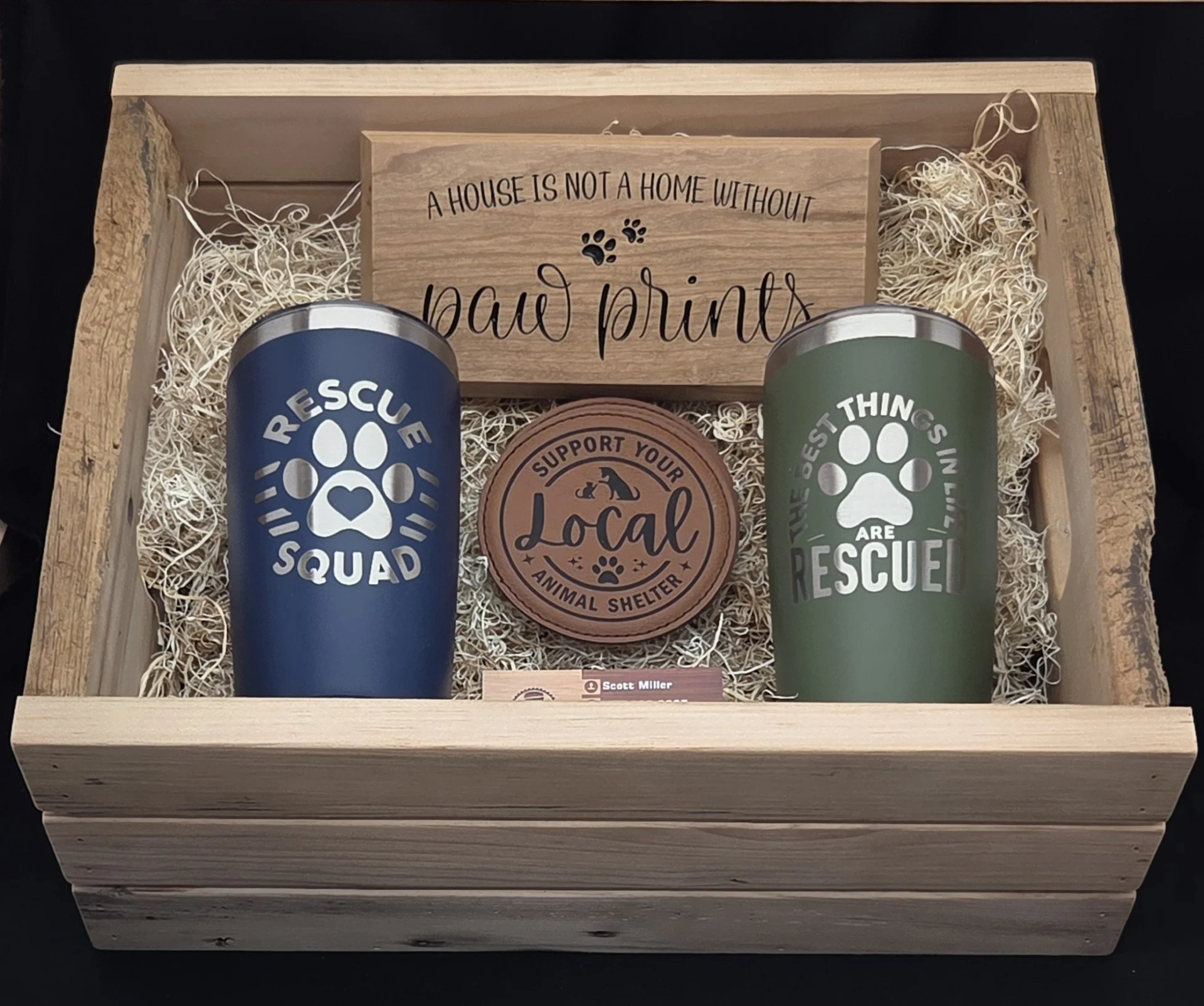 Donated this basket/crate of 20oz tumblers, coasters, and wall plaque to one of our local animal shelters for their silent auction.  Always check out your local animal shelters if you're looking for a new pet.  