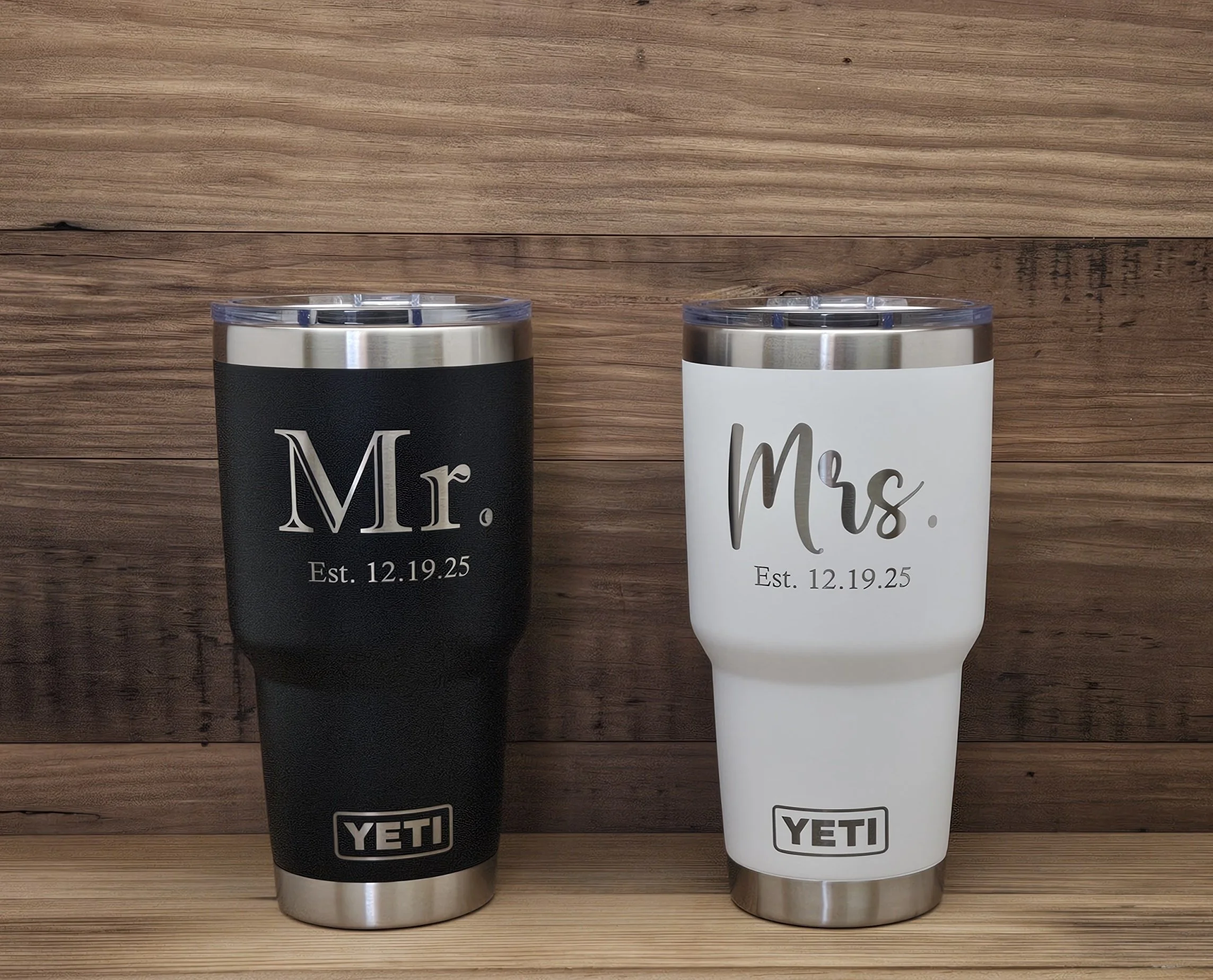 Custom laser engraved Yeti tumblers for wedding gifts to a bride and groom.