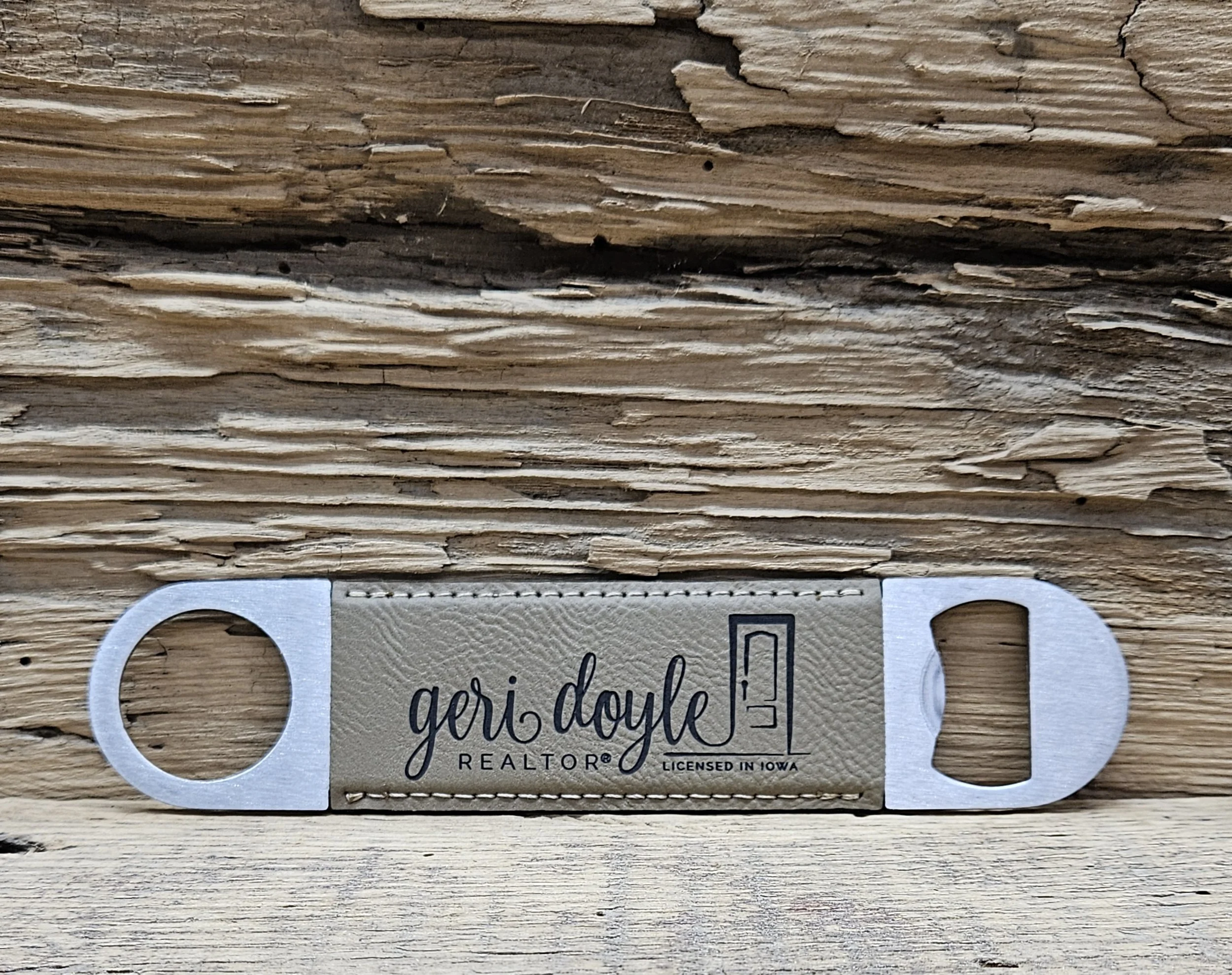 Leatherette bottle opener laser engraved with customer logo