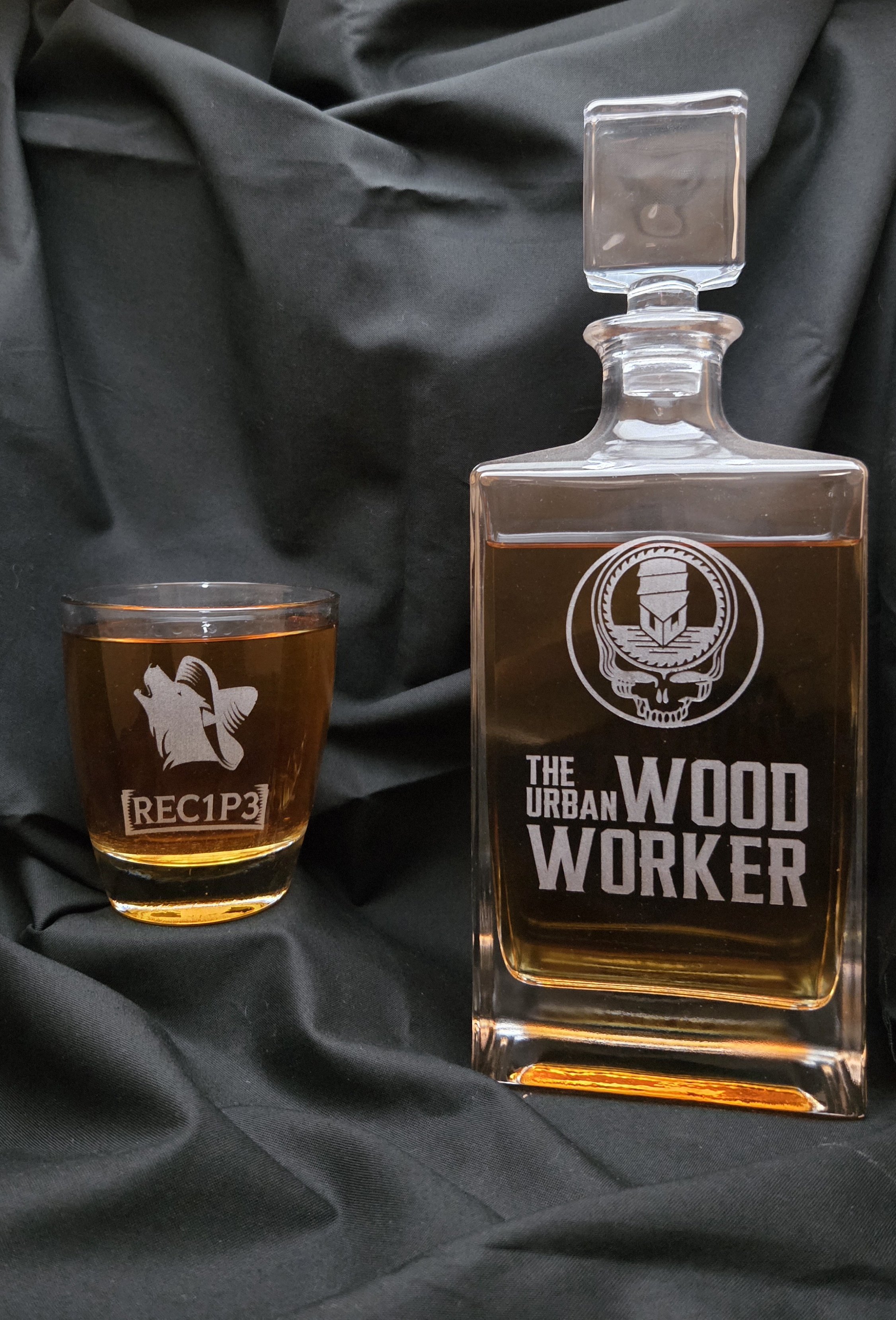 A friend asked me to engrave his logo on a Rocks glass.  It turned out pretty good, he ordered 2 sets!