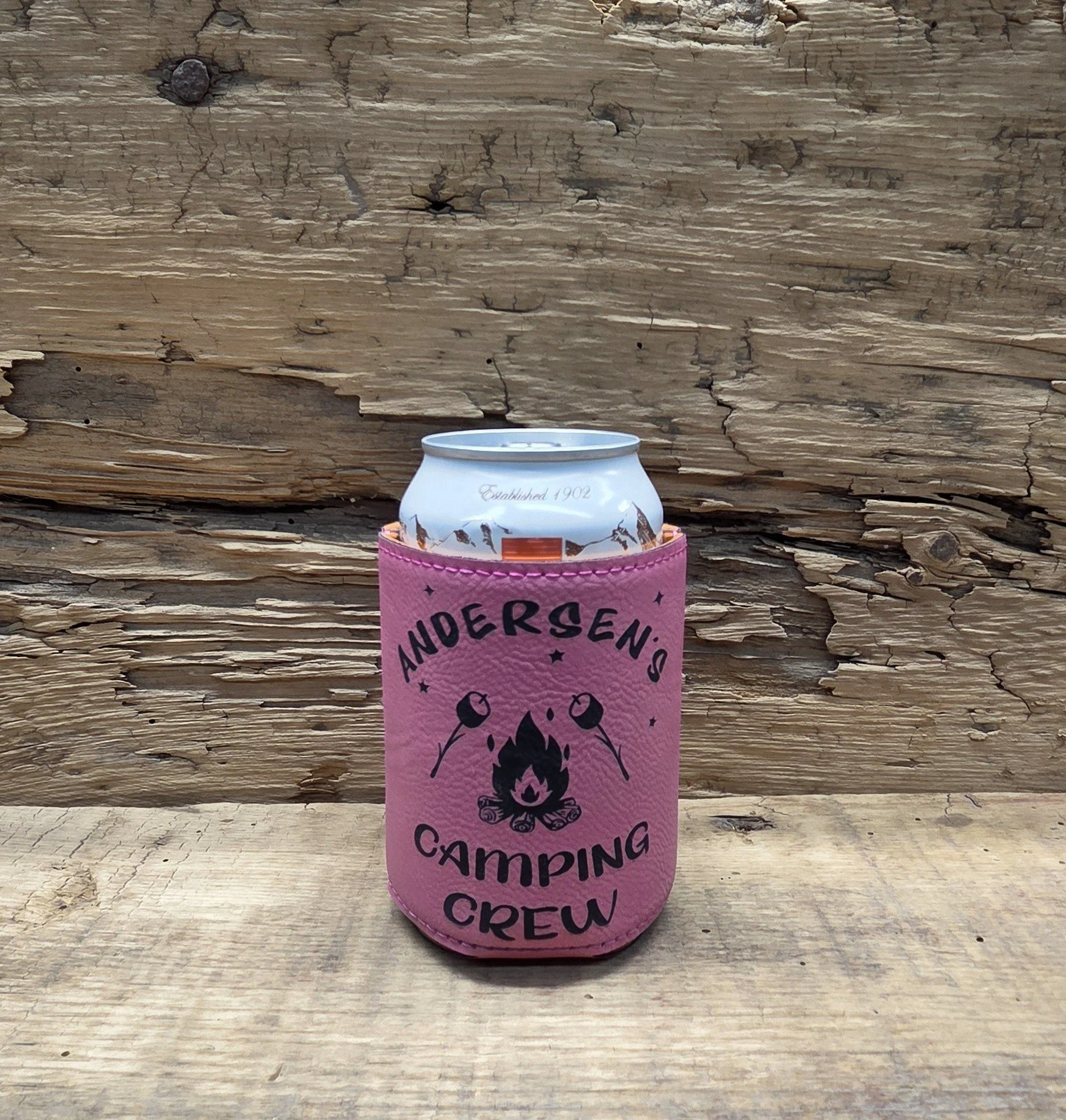 Leatherette can cooler/koozie laser engraved with custom design.