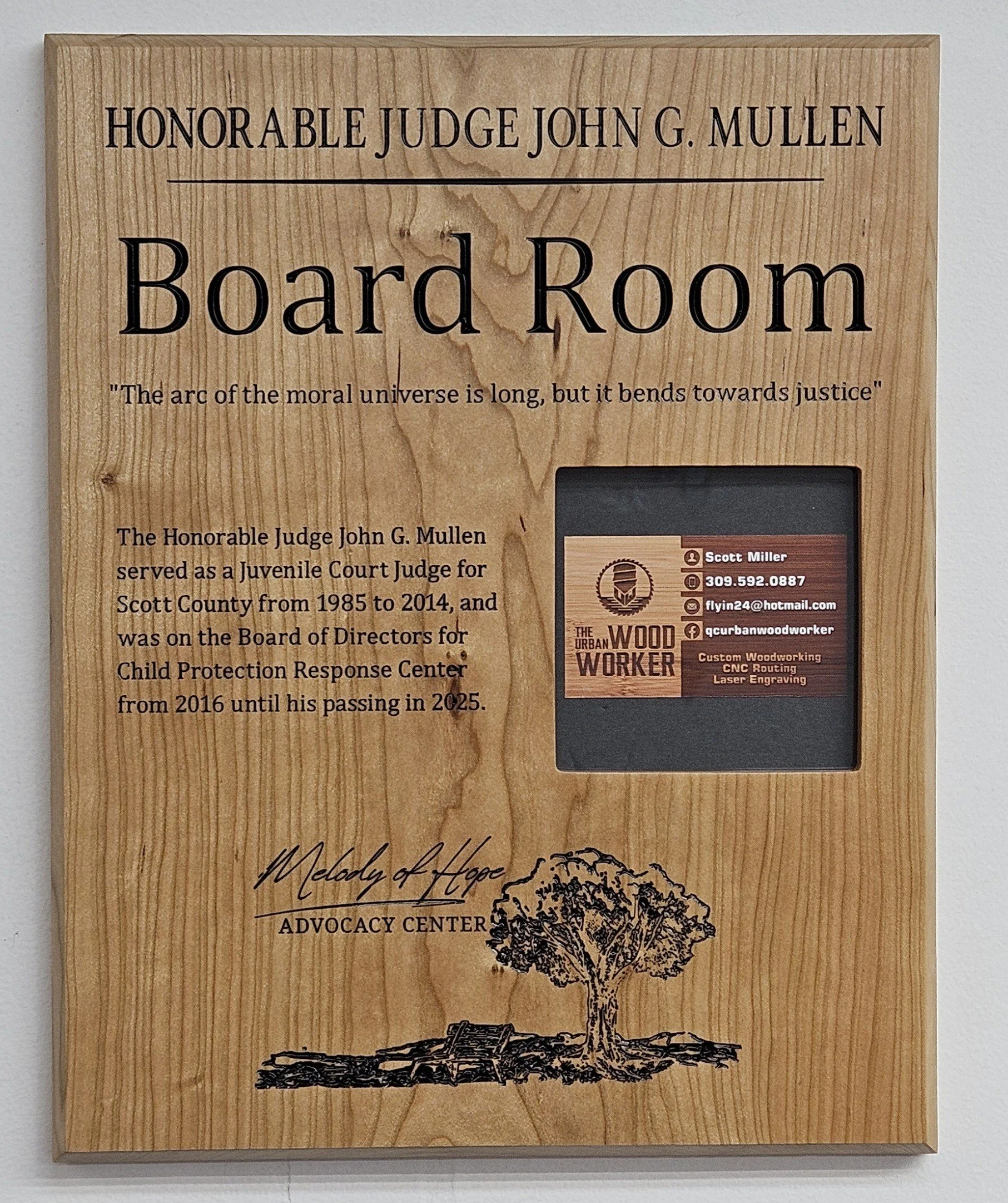 The Honorable Judge John G. Mullen was a juvenile court judge for many years and was passionate about promoting the welfare of children and youth.  He passed away on May 22, 2025.  The Melody of Hope Advocacy Center commissioned this memorial wall pl