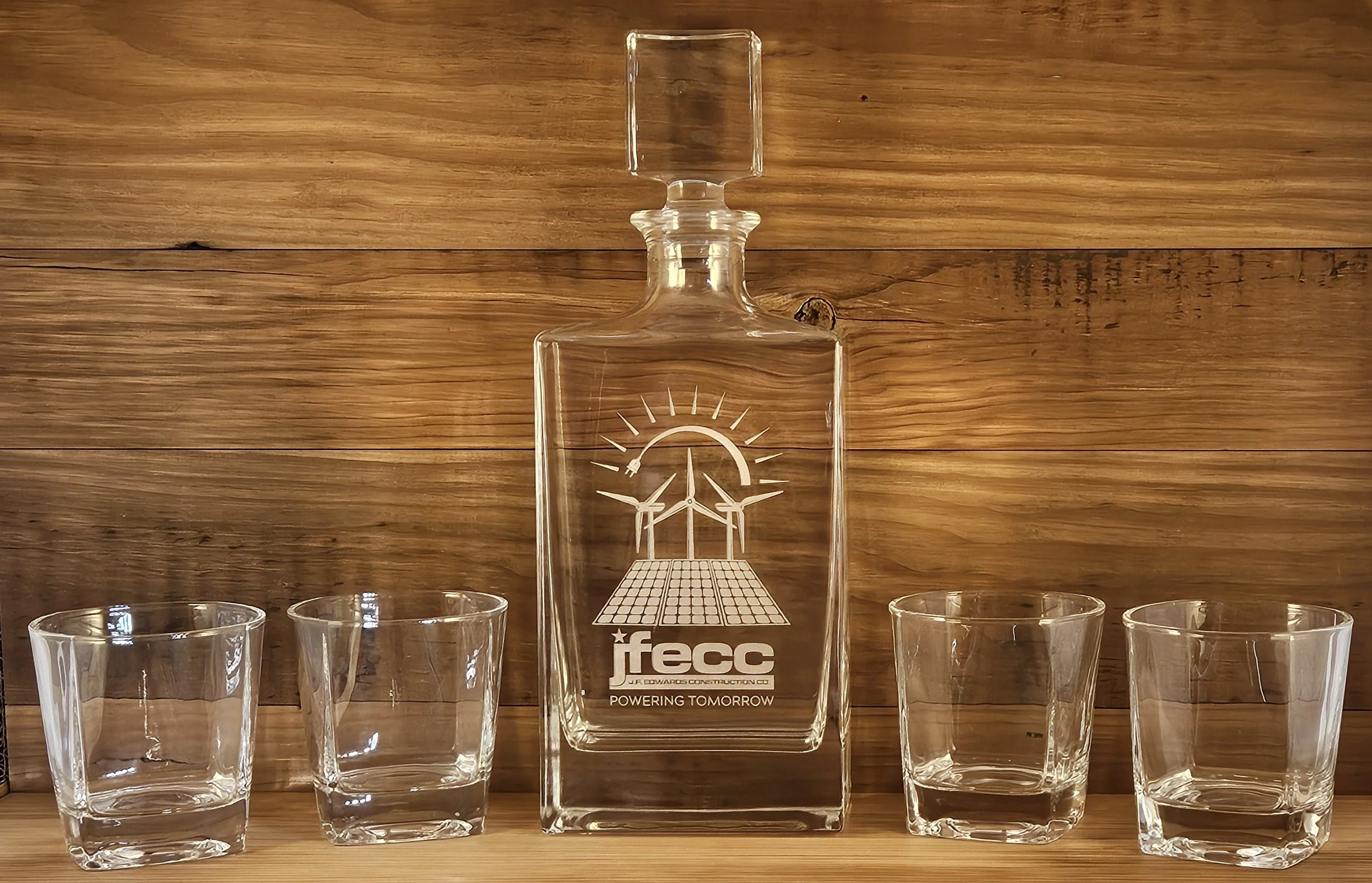 Whiskey decanter set laser engraved with company logo