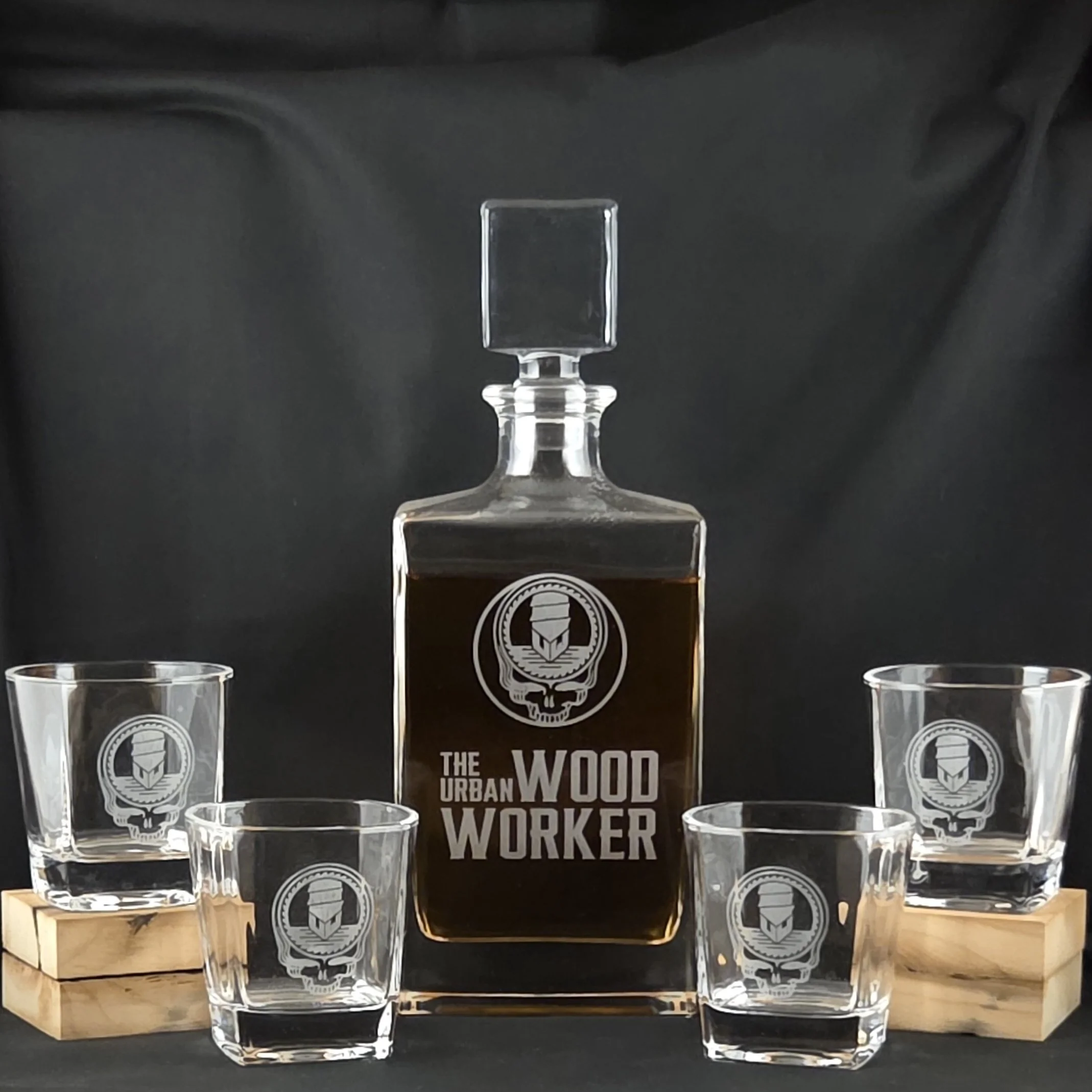 Laser engraved glass whiskey decanter with engraved glassware
