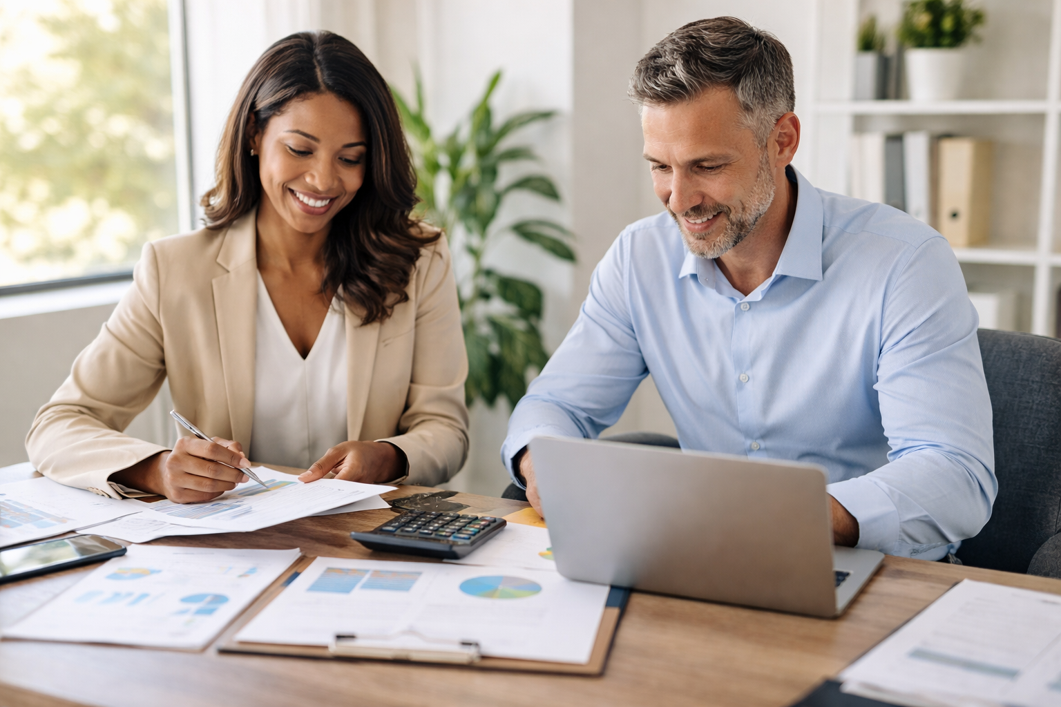 A man and woman sitting at a desk covered with financial documents, charts, and a calculator, smiling and discussing work while looking at a laptop.