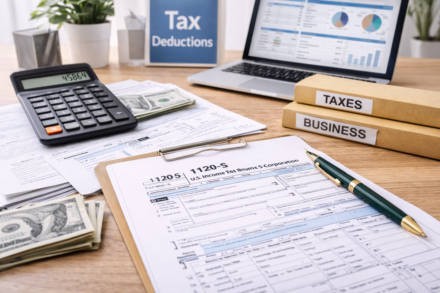 Office desk with tax documents, a calculator, stack of dollar bills, pens, a laptop displaying financial charts, and folders labeled 'Taxes' and 'Business'.