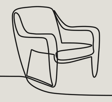 Line drawing of a modern armchair on a circular rug.