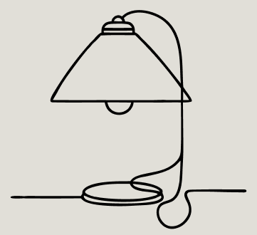 Line drawing of a desk lamp with a curved arm and a round base.