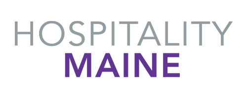 Text reading "HOSPITALITY MAINE" with "HOSPITALITY" in gray and "MAINE" in purple on a black background.