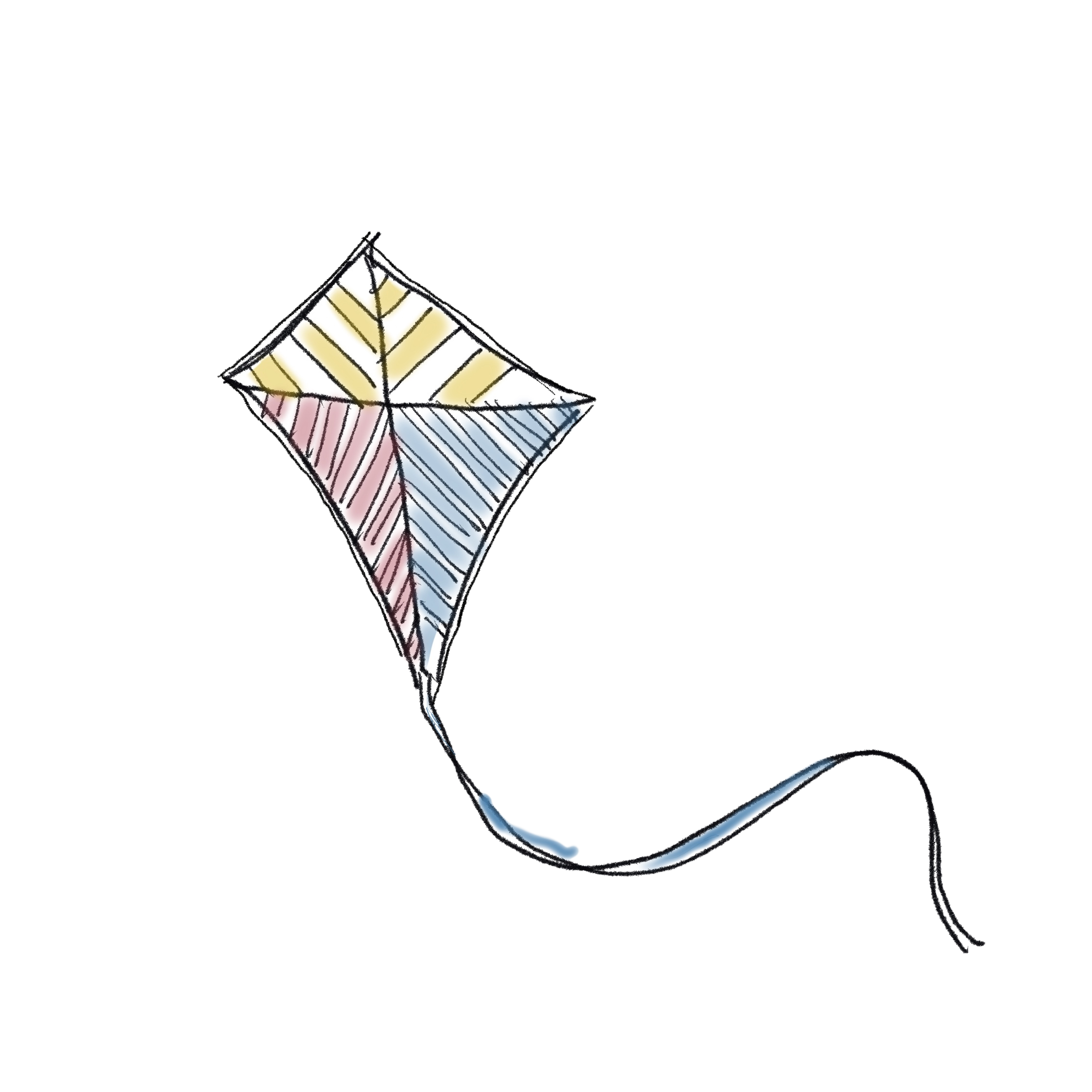 A colorful diamond-shaped kite with a tail flying against a white background.
