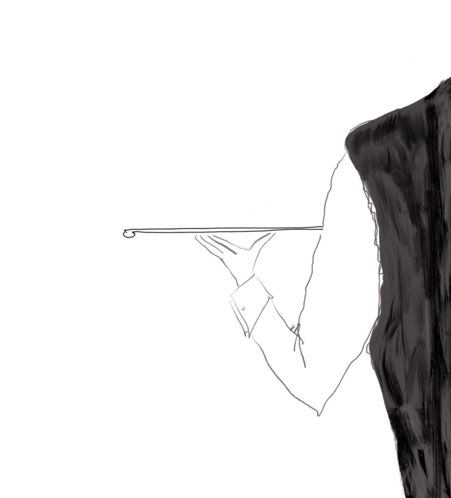 Line drawing of a woman holding a serving tray with her right hand, with her face not visible, and long dark hair on the right side of the image.