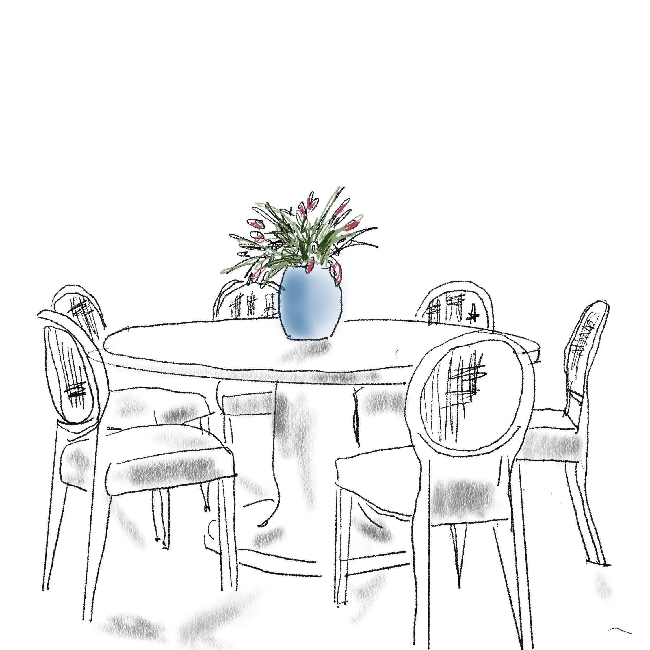 A sketch of a round dining table with six chairs, and a blue vase with pink flowers on top.