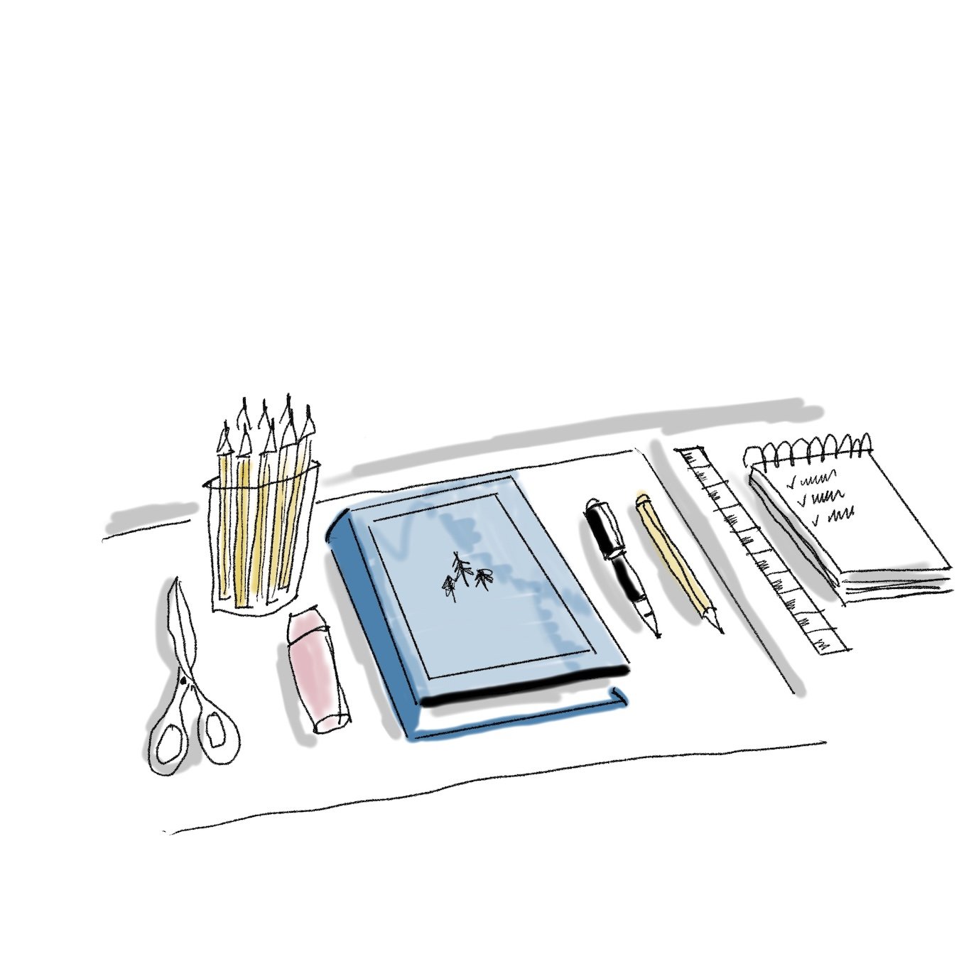 Desk with colored pencils, scissors, glue, notebook, pens, ruler, and a checkmarked notepad.