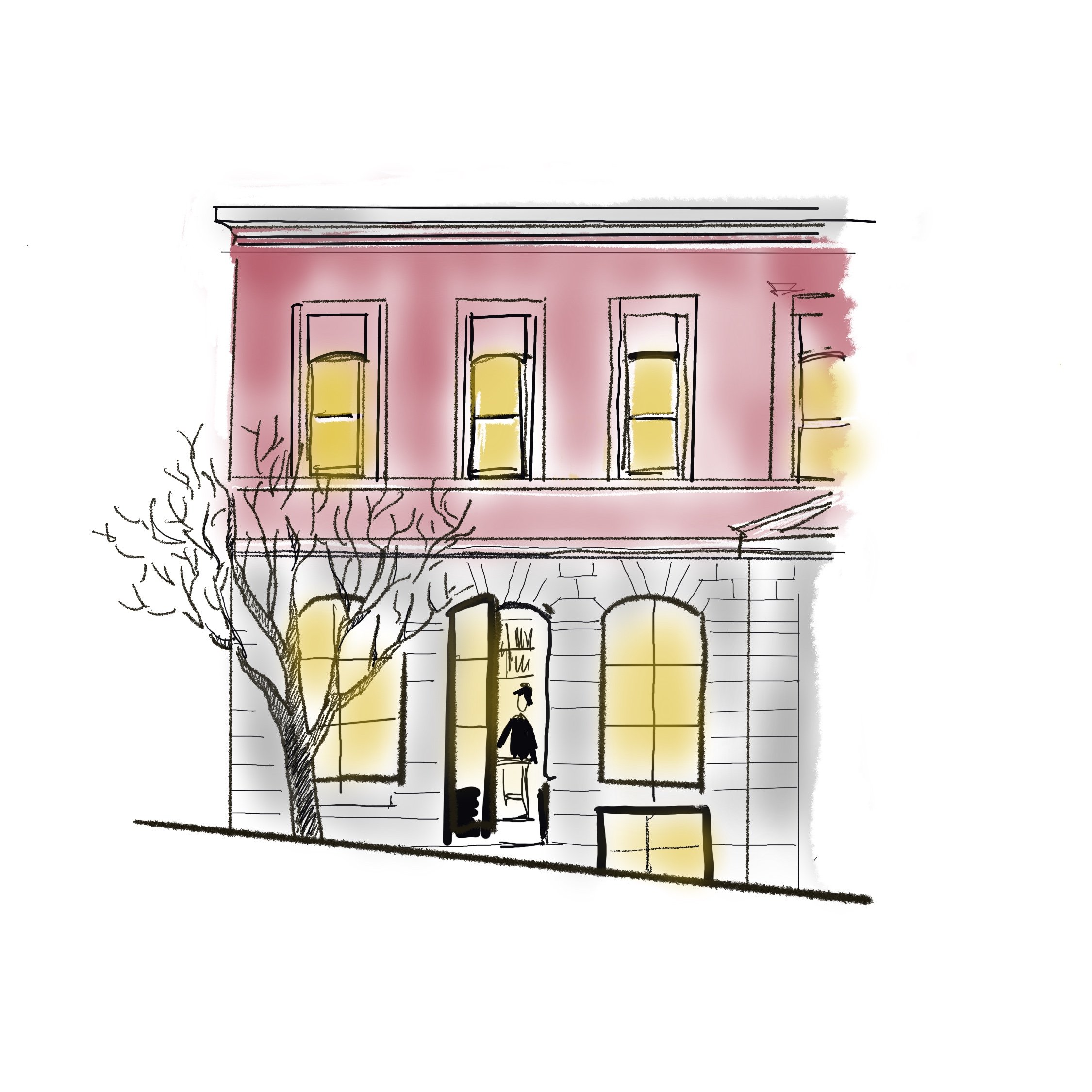 Illustration of a two-story building with a pink upper level, large glowing windows, and a lit entrance door, with a leafless tree in front.