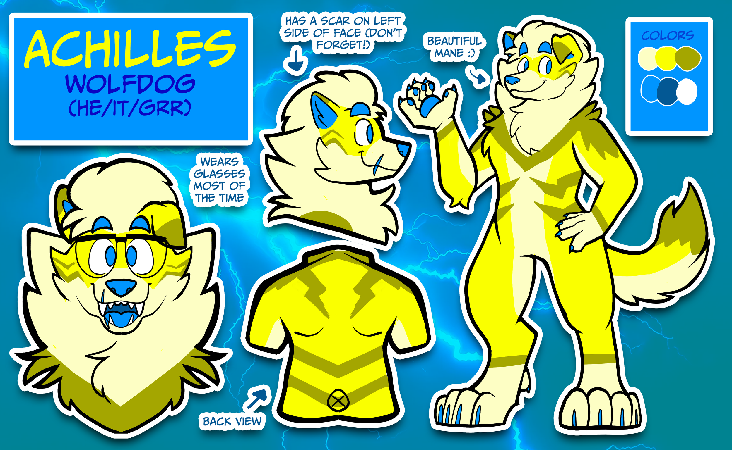 Image of a yellow anthromorphic wolfdog named Achilles. He has lightning-strike inspired stripes and bright blue accents.