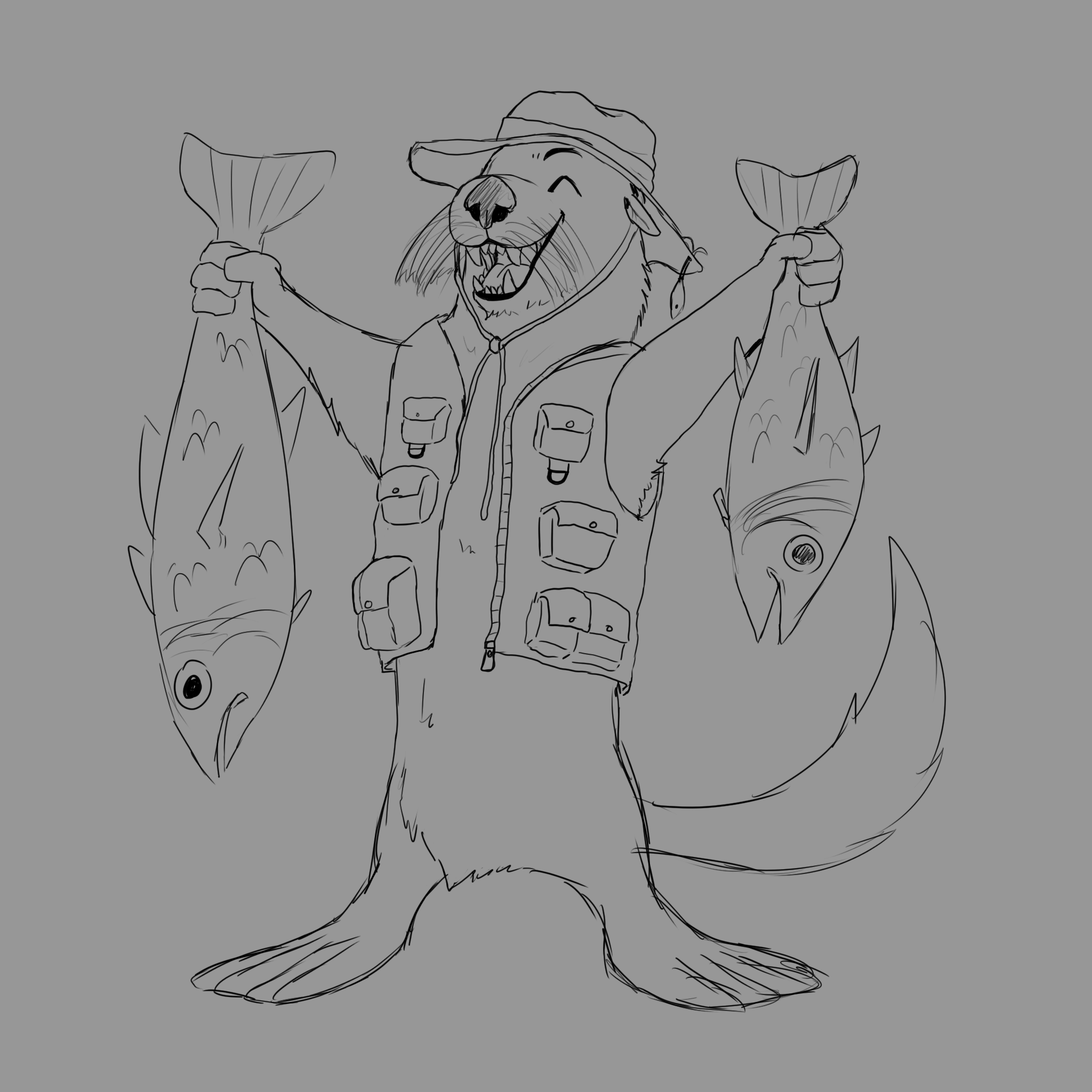 An anthropomorphic sea otter proudly holding two fish. He is dressed with a fishing vest and hat.