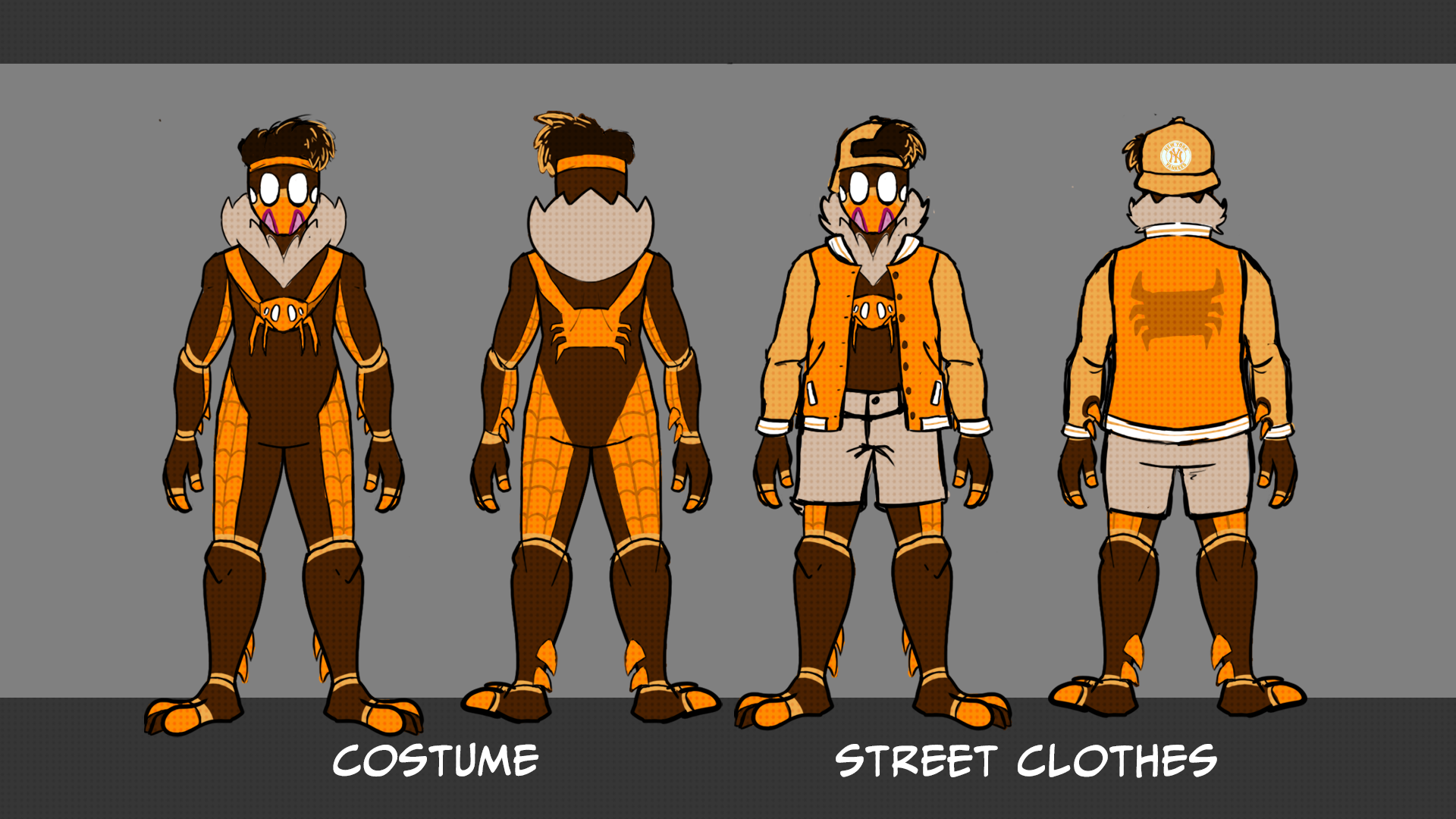 Image of a Spider-Man persona, inspired by Spider-Man: Into the Spider-Verse. They are based off a jumping spider, and wearing an orange jacket, shorts, and a Yankee hat.