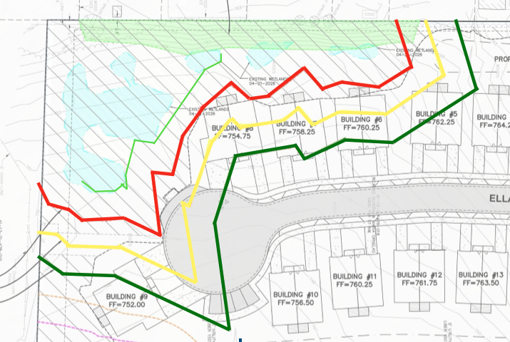 Developer's site plan showing the approximate northern boundary of the wetlands, relative to the 25-foot wetland buffer.