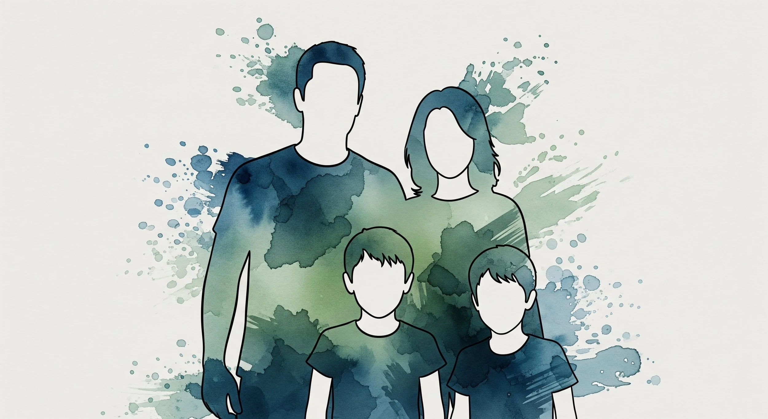 Illustration of a family with three members, a father, mother, and two children, depicted with watercolor effect and faceless outlines.