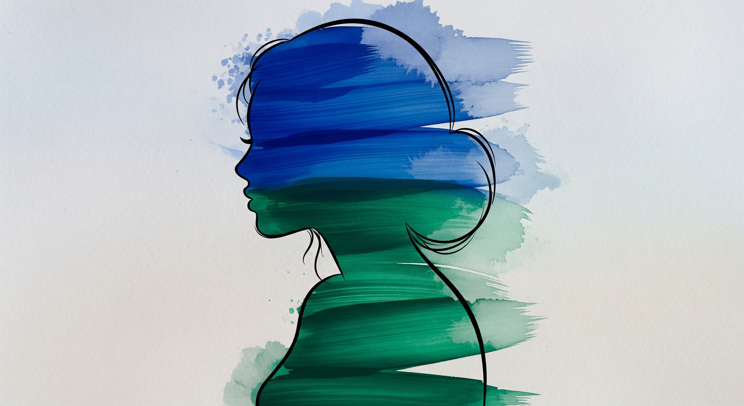 Silhouette of a woman with her hair in a bun, filled with blue and green watercolor strokes.