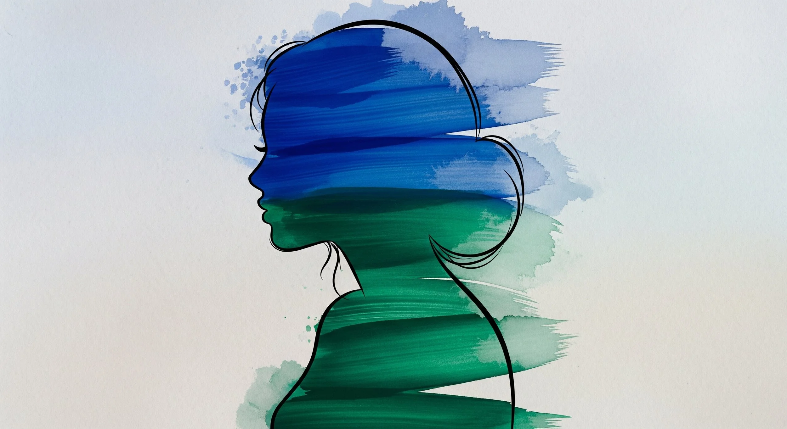 Silhouette of a woman with hair in a bun, filled with blue and green watercolor strokes.
